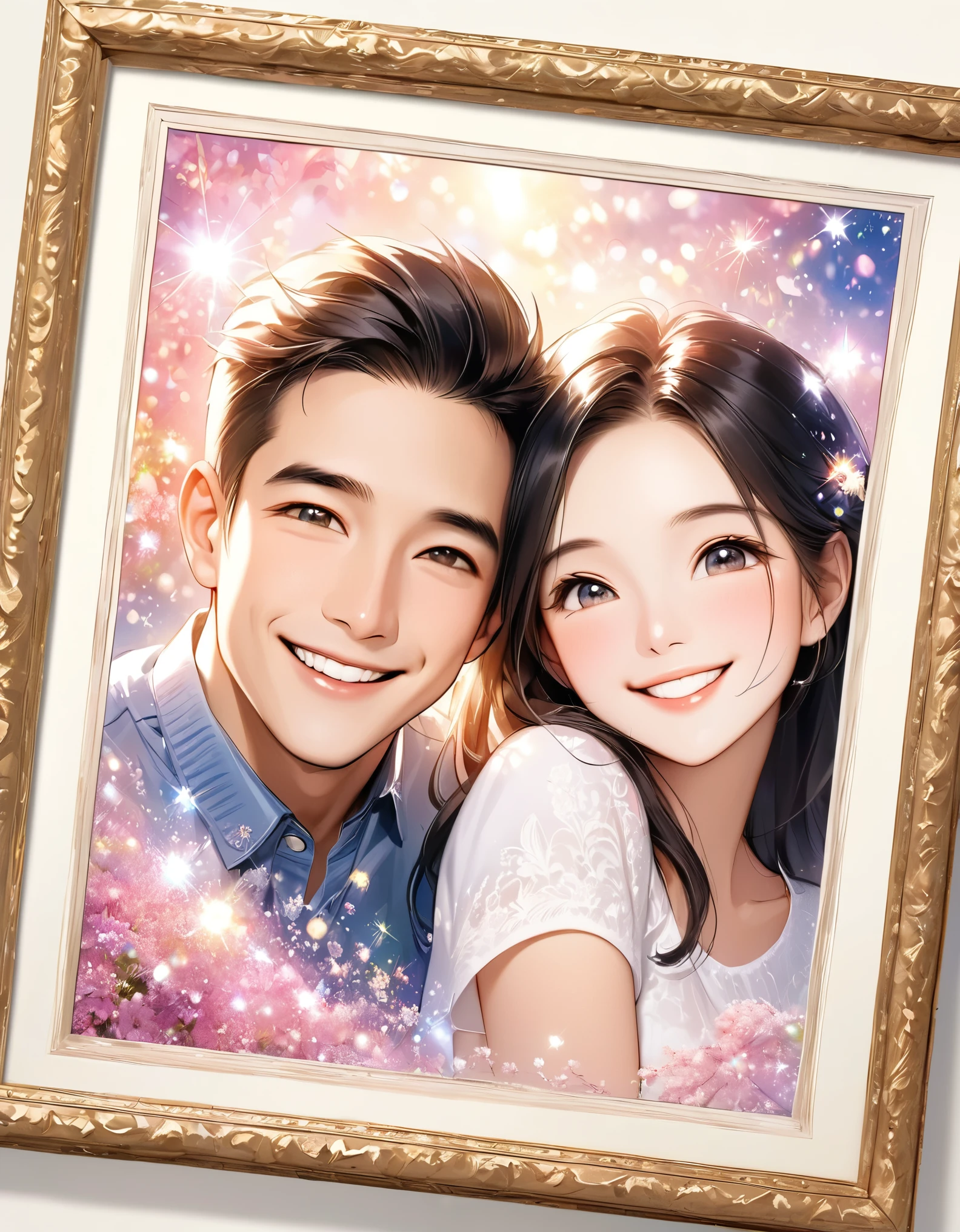 best quality, super fine, 16k, framed portraits, photos of happy couples, happy smiles, sparkling and dreamy photo effects