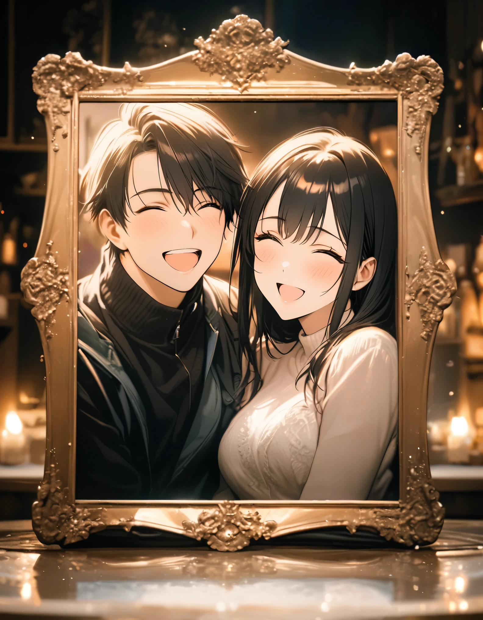 best quality, super fine, 16k, framed portraits, photos of happy couples, happy smiles, sparkling and dreamy photo effects