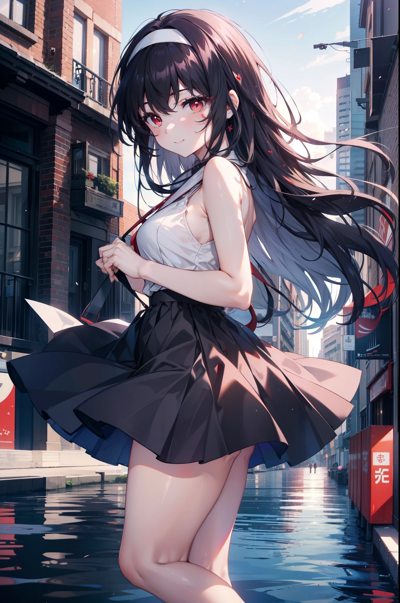 For profit, utaha kasumigaoka, Black Hair, hair band, Long Hair, (Red eyes:1.5),happy smile, smile, Open your mouth, Black sleeveless dress,Bare arms,Long skirt,Cute Sandals,whole bodyがイラストに入るように,Daytime,Clear skies,
break looking at viewer,whole body,
break outdoors, In town,Building district,bridge、
break (masterpiece:1.2), highest quality, High resolution, unity 8k wallpaper, (figure:0.8), (Beautiful fine details:1.6), Highly detailed face, Perfect lighting, Highly detailed CG, (Perfect hands, Perfect Anatomy),