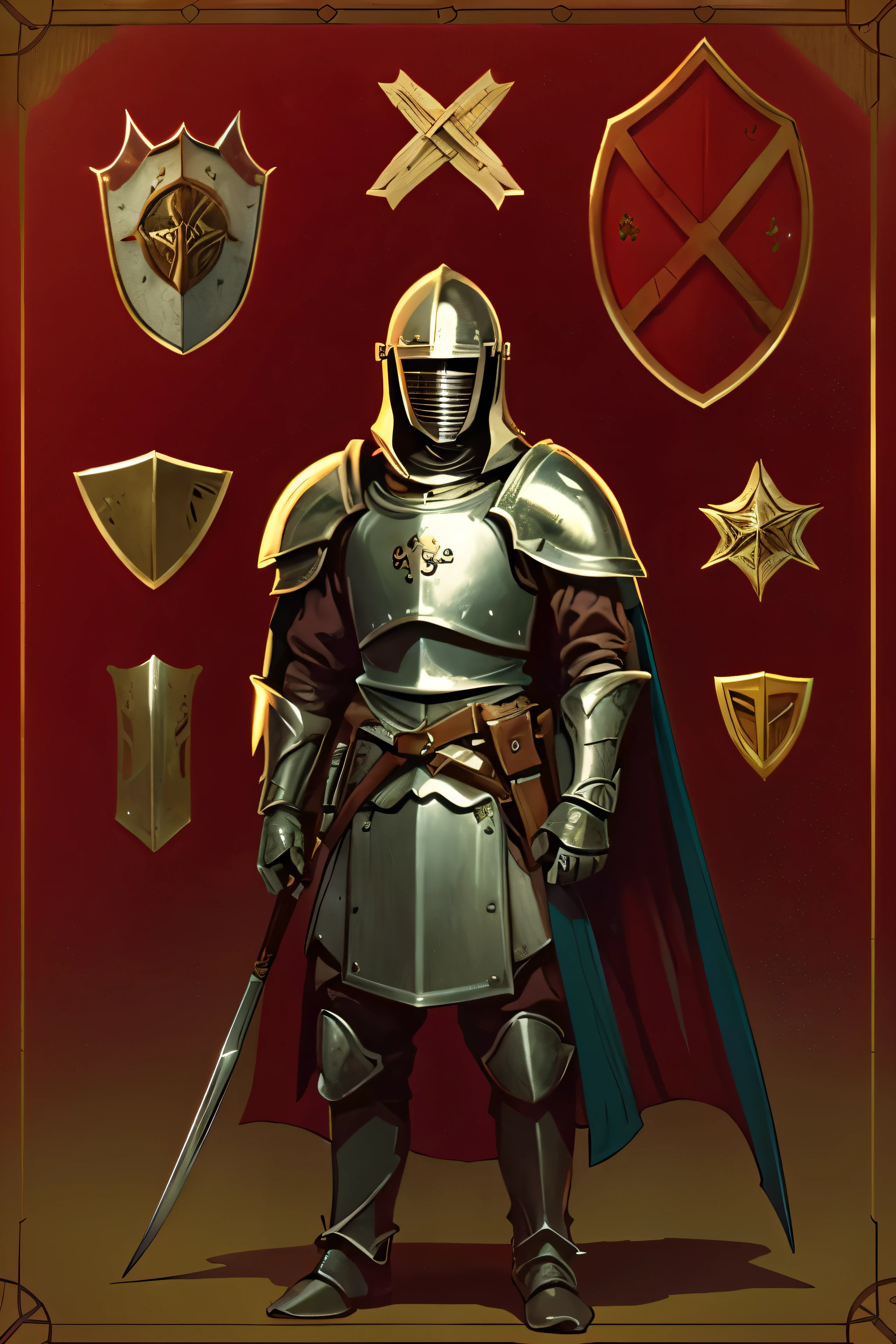 crusader knight、armor、peak、shield、Helmet、visor、Flamberge、halberd、Morning star、An illustration、Super Deformed、LINE Stamps、character、simple、high resolution、High definition、Detailed details、Christianity、Pure western style