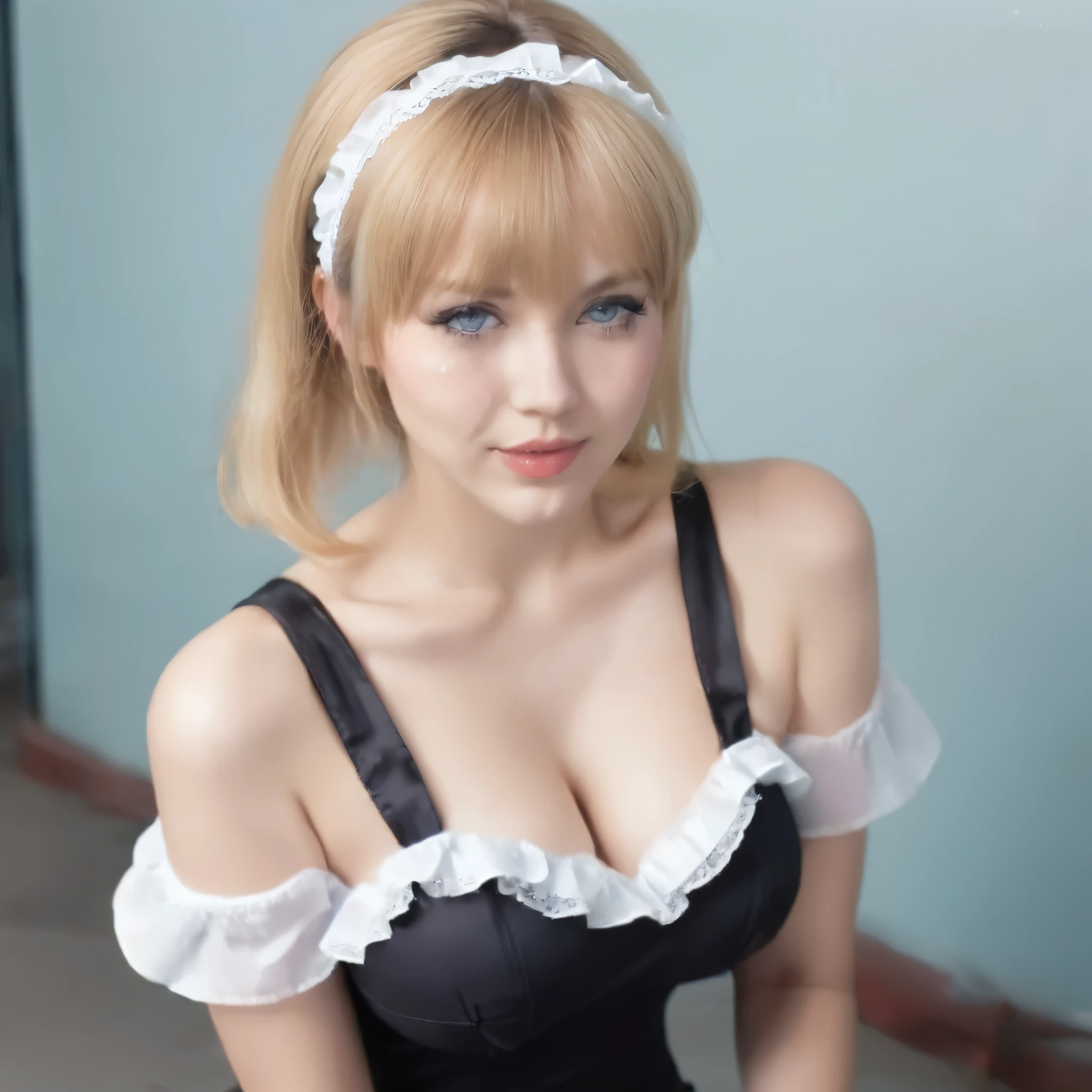 a young woman in a provocative maid costume. She has short, blonde hair with bangs, large breasts and is wearing a maid headband. Her outfit includes a low-cut, ruffled dress that exposes a significant amount of cleavage, with matching thigh-high stockings that have lace trim. The woman is (on her hands and knees:1.6) on a light blue sheet, looking directly at the camera with a seductive flirty expression. (cum on her face and chest:1.4), giving a suggestive impression. The background includes a dimly lit indoor setting with various industrial elements. The overall scene is highly stylized and erotic.