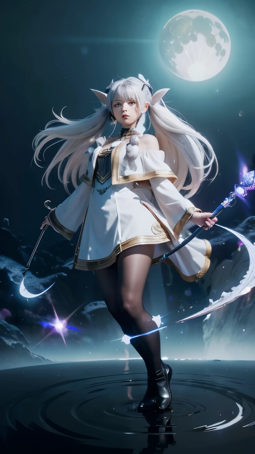 ((live-action:1.2)), photo of in real life, A scene inspired by the manga 'Frieren: Beyond Journey's End', (((frontal shot illustration, full body, fractal art))), Elf against moon flying through the air , 1girl, ((holding long staff:1.5)), white clothing with Brown boots, ((black tights)) , ((Twin-tail hairstyle:1.5)), green eyes, magic circle in background, circular background composition, maddeningly detailed and complex, super-maximalist, elegant, decorative, fluorescent, turning sideways, beautiful face, beautiful eyes, ( Off the Shoulder: 1. 2), upper body, shiny silver hair, shiny skin, radiant cut, fingers proportionally coordinated, dark, point of view, dynamic angle, ((masterpiece)), ((top quality)), ((superdetailed)), (real photo), (detailed light), ((very delicate and beautiful), dramatic_shadow, ray_tracing, reflection, ultra high resolution, laser