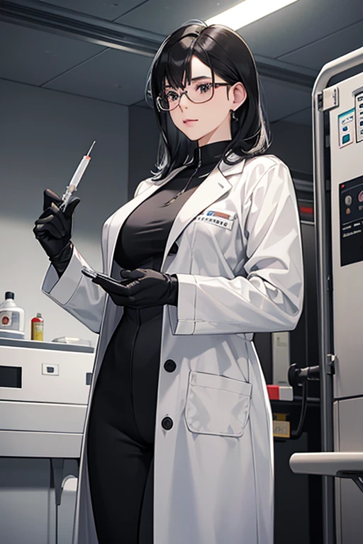 A black-haired, glasses-wearing mature woman in a white lab coat wearing a black enamel catsuit and black enamel gloves in a hospital room, holding a syringe