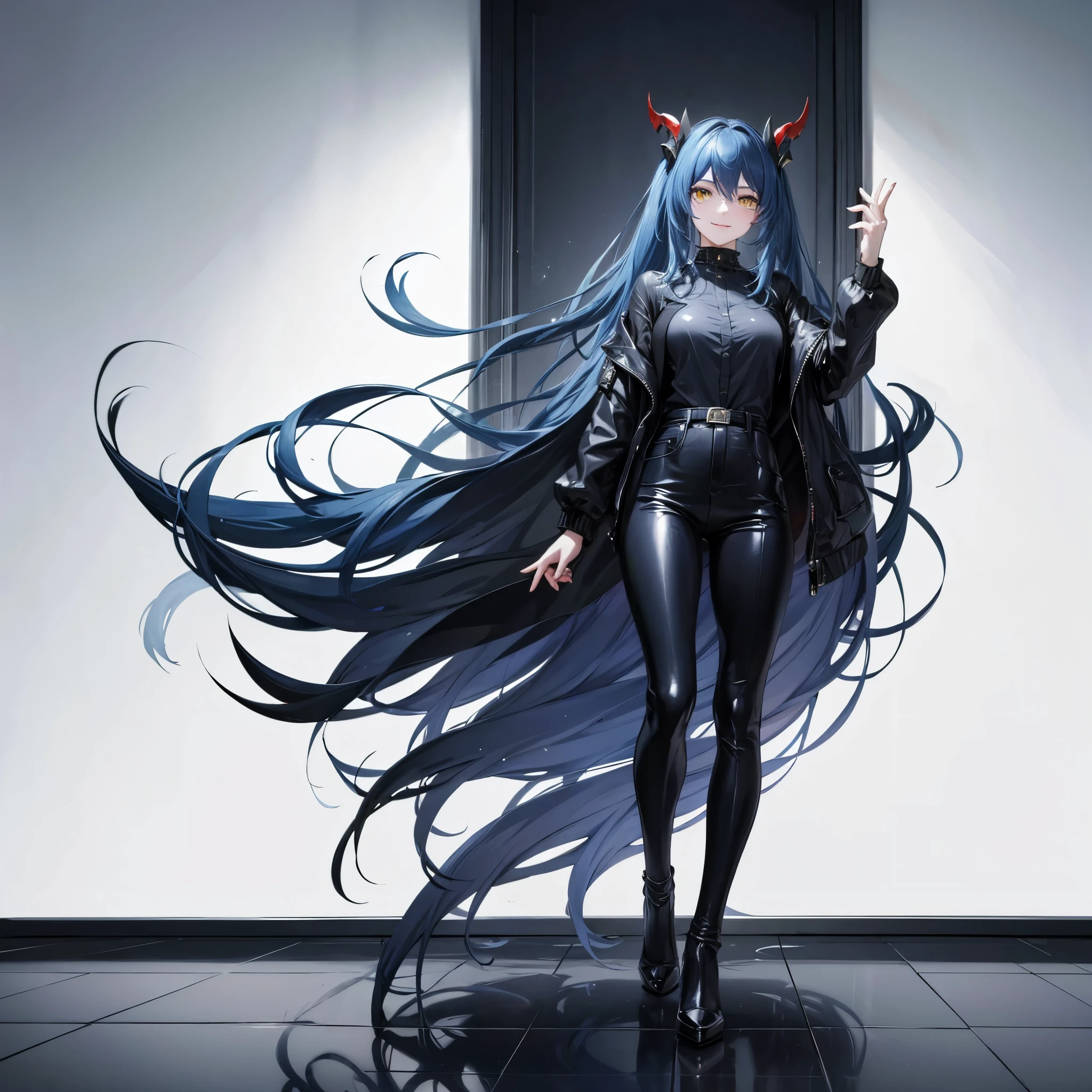 A woman wearing a black suit, black pants, black heels, long weak blue hair, pigtails, yellow eyes, smiling, red horns, walking in a luxury room, marble floor, white wall,,full body, stereogram, tachi-e, point of view, atmospheric perspective, 8k, superdetail, accurate, best quality, award-winning, textured skin, high resolution, anatomically correct, bokeh effect, ((woman solo).
