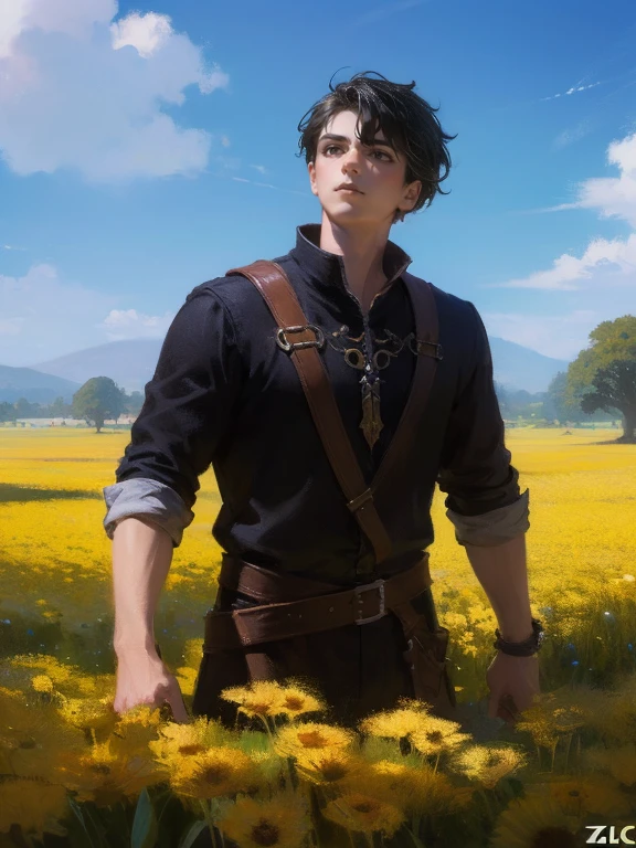 masterpiece, best quality, rpg character art, epic fantasy art style, 1 man, Aldric, 18 year old man, youthful appearance, skinny, normal build, shocked expression with jaw dropped looking up at the sky, full body fantasy concept art, short dark black hair, black eyes, high detail, (), intricate details, ultra high resolution, sharp focus, HD, 8k, clear facial features, clear details, background is a vibrant field in a fantasy world, zoomed out view