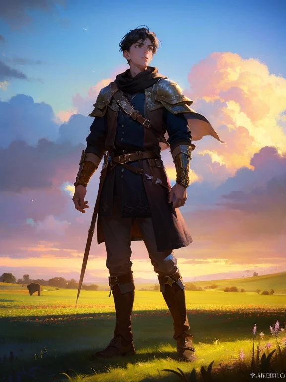 masterpiece, best quality, rpg character art, epic fantasy art style, 1 man, Aldric, 18 year old man, youthful appearance, skinny, normal build, shocked expression with jaw dropped looking up at the sky, full body fantasy concept art, short dark black hair, black eyes, high detail, (), intricate details, ultra high resolution, sharp focus, HD, 8k, clear facial features, clear details, background is a vibrant field in a fantasy world, zoomed out view