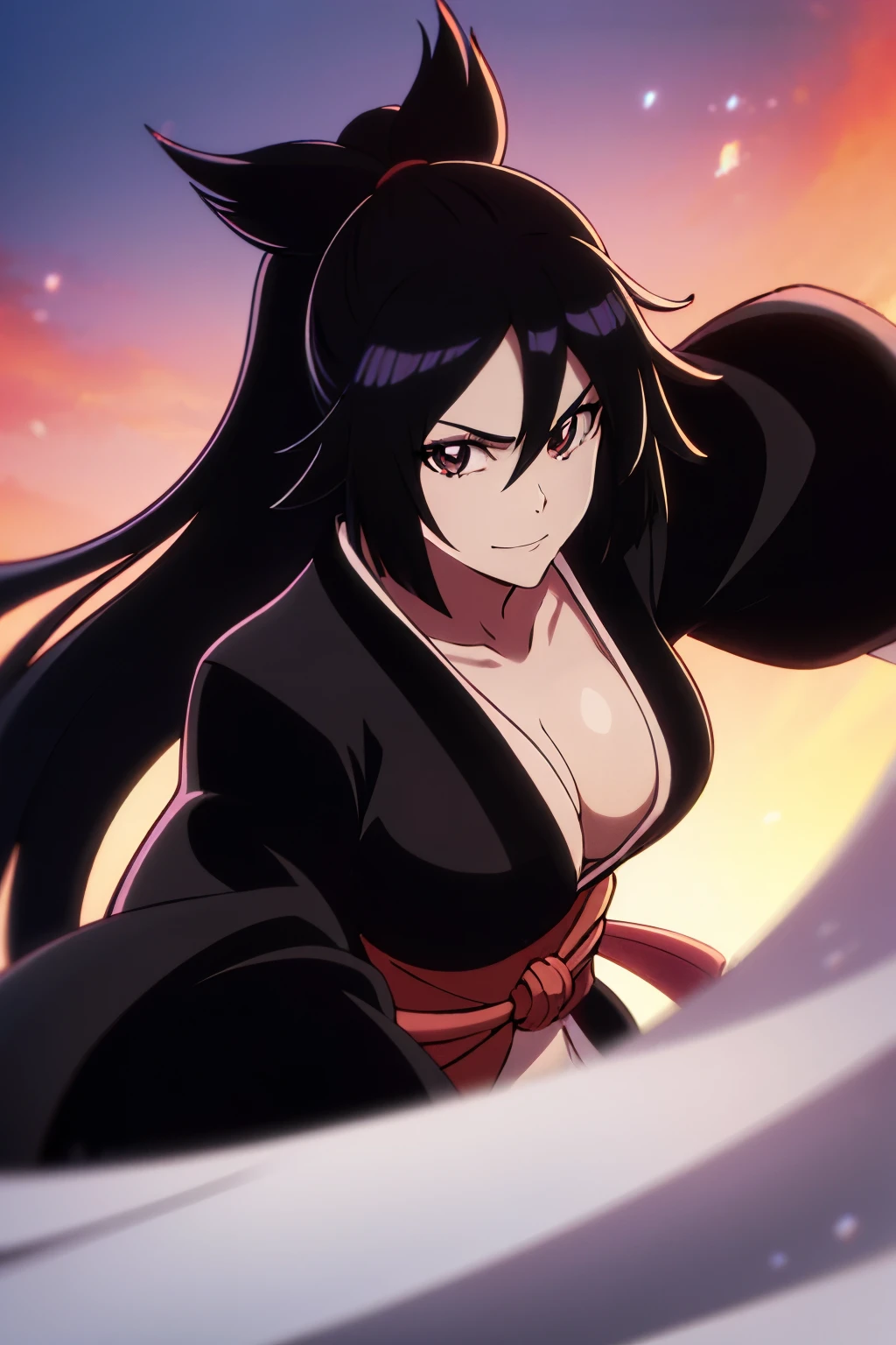 1girl, black hair, long hair, ponytail, messy hair, young woman, looking at viewer, portrait, dojo, ((((((black kimono)))))), sarashi, baiken, good mood, smile, baiken, like baiken of guilty gear, ((((best eyes)))), high res, master piece, brown eyes, bright eyes