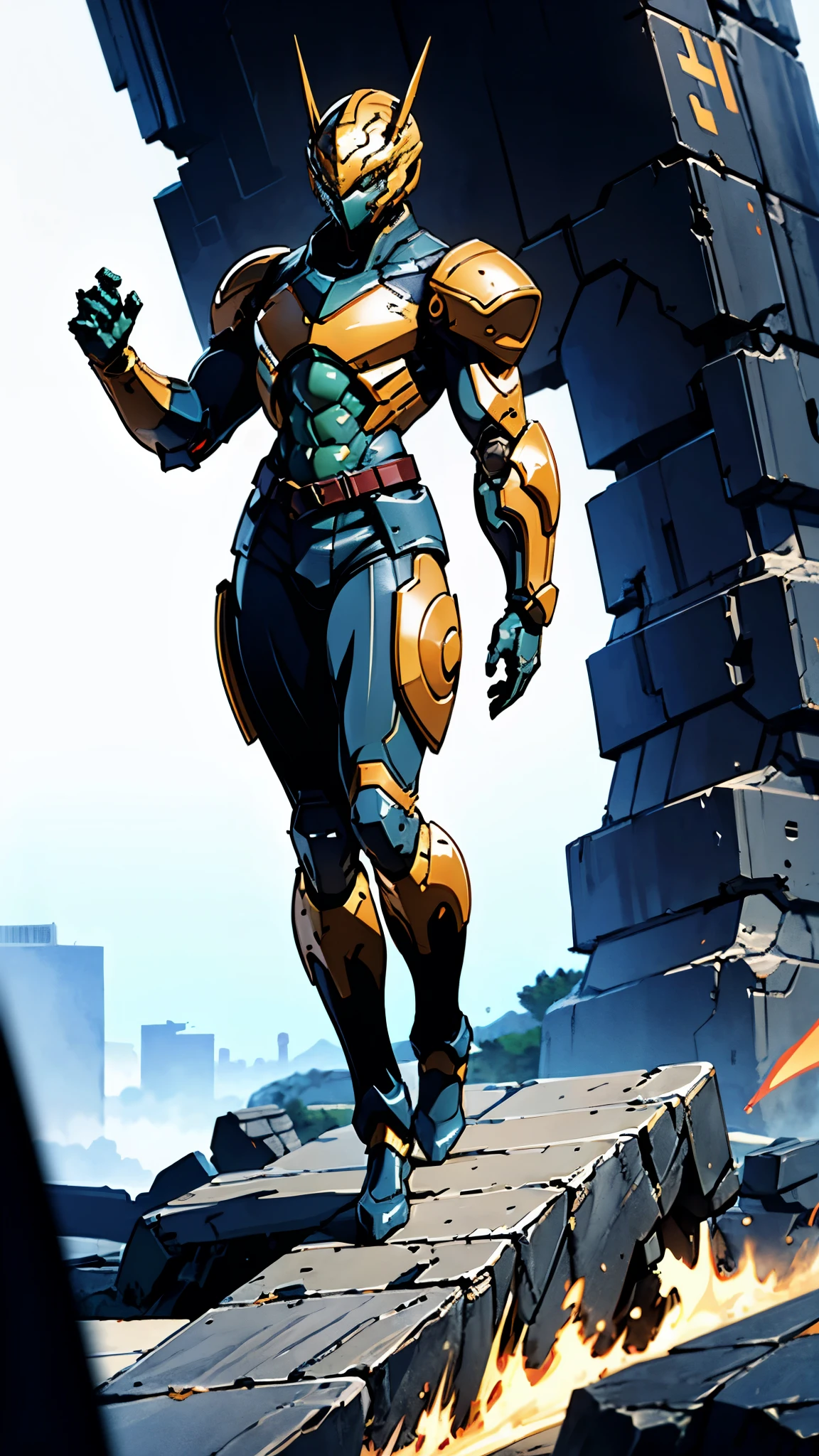 A man wearing a full-face helmet, a fantasy-style biotech armored combat suit, green eyes, (a composite layered chest armor), fully enclosed shoulder guards, matching arm and leg guards, the belt is adorned with cross, (the color scheme is primarily white with golden and blue accents), the design balances heavy with agility, a high-tech bio-mecha armor, (Armor Concept Inspired by Paladin, stand on the top of a skyscraper in a futuristic sci-fi city), this character embodies a finely crafted fantasy-surreal style armored hero in anime style, exquisite and mature manga art style, (battle damage, element, plasma, energy, the armor glows), ((male:1.5)), metallic, real texture material, dramatic, high definition, best quality, highres, ultra-detailed, ultra-fine painting, extremely delicate, professional, perfect body proportions, golden ratio, anatomically correct, symmetrical face, extremely detailed eyes and face, high quality eyes, creativity, RAW p
