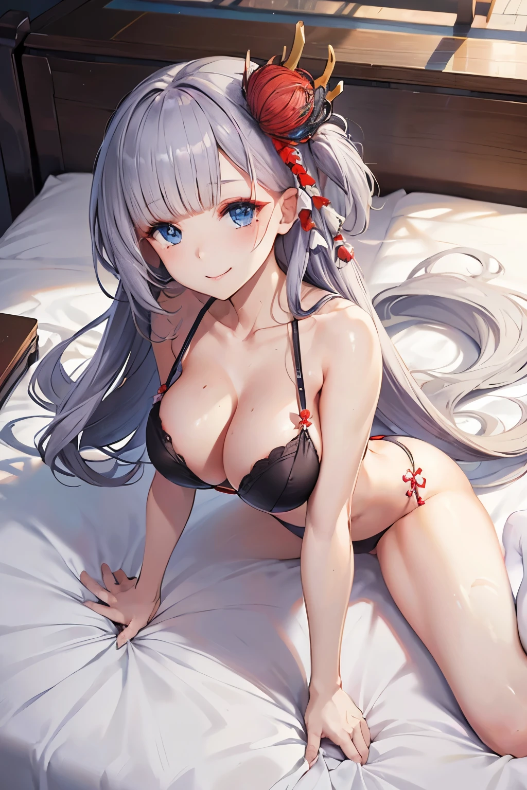 (8K、masterpiece、Highly detailed background、high resolution)、(shoukaku_Azur Lane)、Cleavage、On the bed、Purple underwear、(On all fours、Low - Angle、Warm View)、get closer to the subject