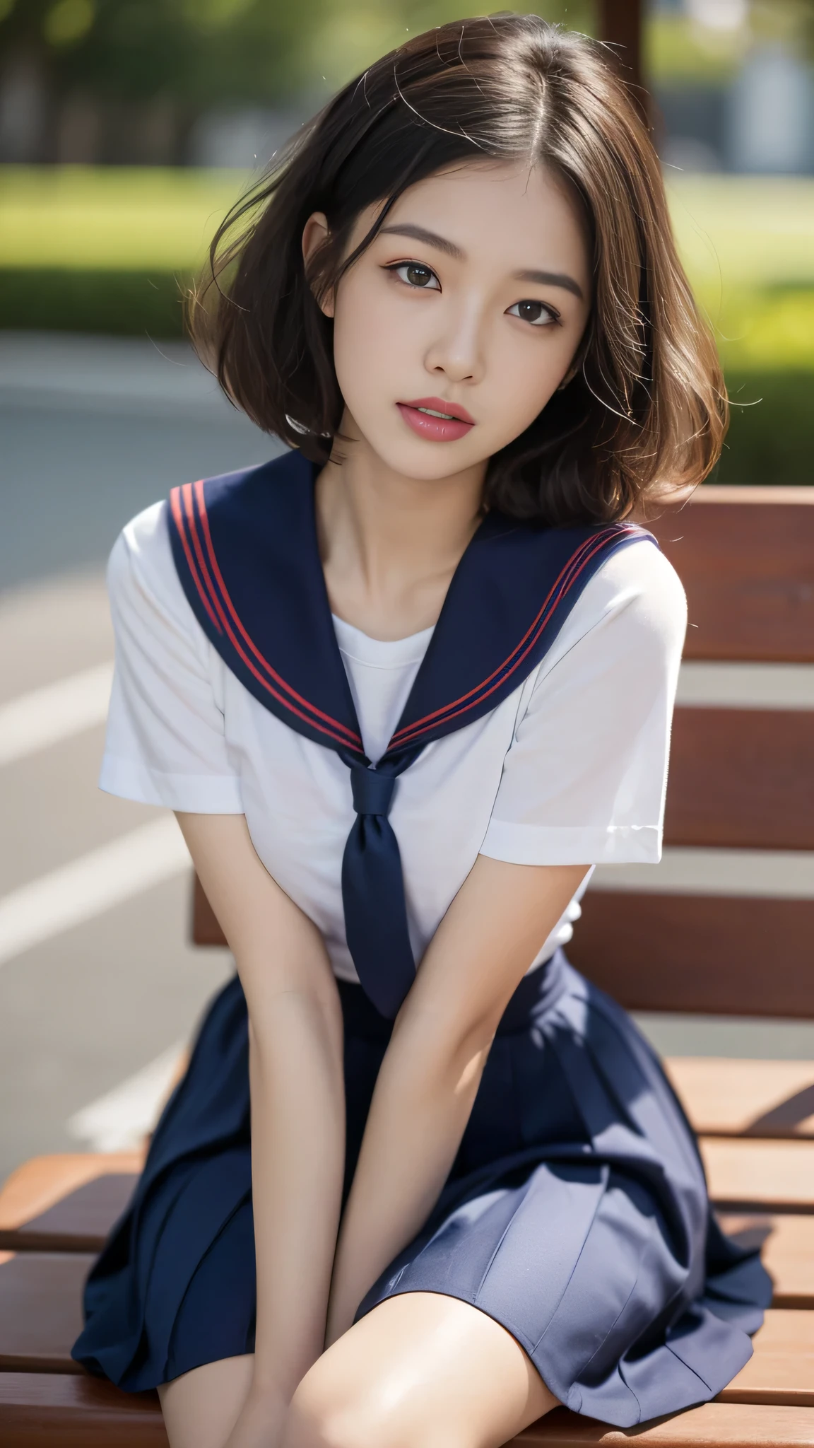 ((best quality, 8K, On the table:1.3, 1 girl, beautiful girl)), Lovely, vitality, Delicate face, Delicate skin, delicate eyes, Detailed lips, Detailed fingers, Detailed mouth, Detailed teeth, Detailed tongue, Round eyes, Reality, original photo, Natural light, Round buttocks, Tight legs, (Close your eyes, Sailor-style school uniform), curls, Pixie Short Hair, doze off, Sitting on a bench, outdoor, legs spread, Large Breasts, arms behind the body