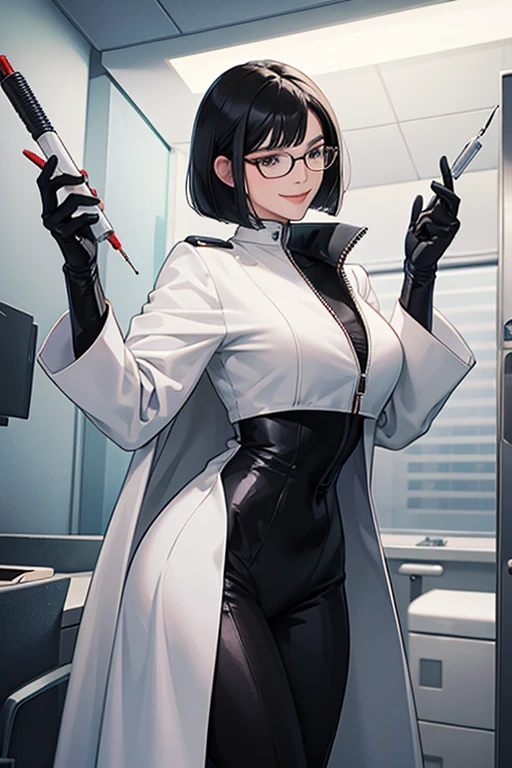 A mature woman with black hair, bob cut, glasses and a white coat wearing a black enamel catsuit and black enamel gloves in a hospital room, smiling inappropriately and holding a syringe