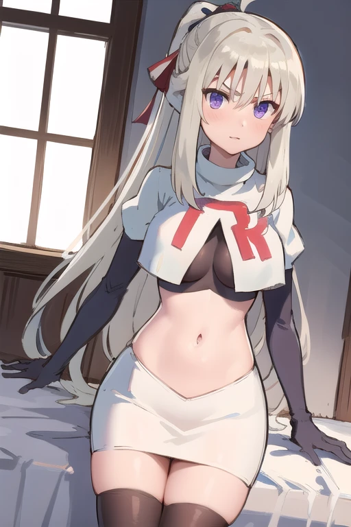 indoor, arena,
rinne_bj, 1girl, long hair, looking at viewer, breasts, purple eyes, ahoge, v-shaped eyebrows, medium breasts, ribbon, hair ribbon, very long hair, ponytail, bangs, hair between eye, team rocket,team rocket uniform,white skirt,red letter R,crop top,black thigh-highs,black elbow gloves