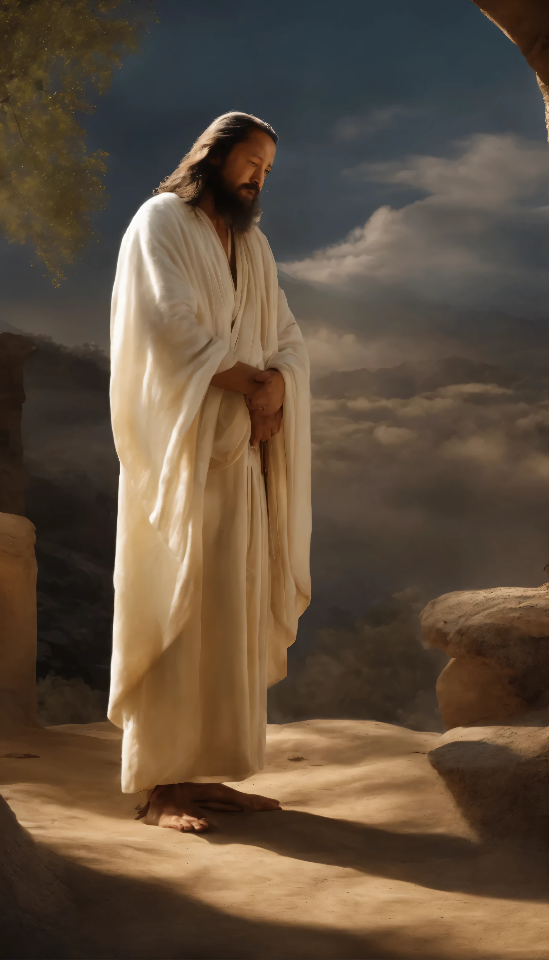 In this highly detailed masterpiece、Breathtaking movie shots、It captures a pivotal moment: the long-awaited coming of Jesus Christ.。This scene、Wrapped in the warm and graceful glow of the sunset、In calm colors、It creates an out-of-this-world atmosphere。 A glorious silhouette of Jesus Christ appears on the horizon.、Sapphire eyes sparkle with divine wisdom。Dressed in white、I wander towards a quiet village where villagers, faces full of reverence and awe, bow their heads in worship.。 The images are very detailed and、It captures all aspects