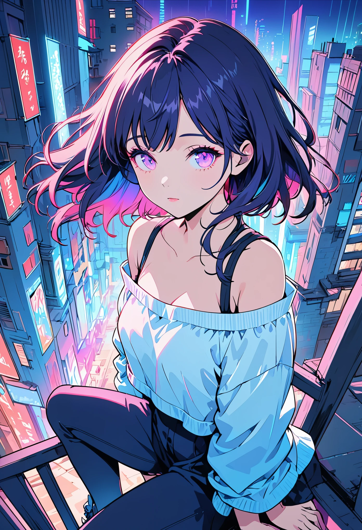 masterpiece,best quality,1 synth wave style girl,blue outline,streets with neon lights,blue fluorescent coatings,solo,from above,cowboy shot,sitting on the top of the building,extremely detailed CG,flat color,limited palette,noline art,silhouette,partially colored,alternate color,dynamic angle,blue long upper shan,dark violet shadow,synth wave,chromatic aberration,(solo focus),perfect shadow,wearing an off- shoulder floating jacket,delicate face,bare shoulder,beautiful and delicate eyes,delicate background,blue neon light,