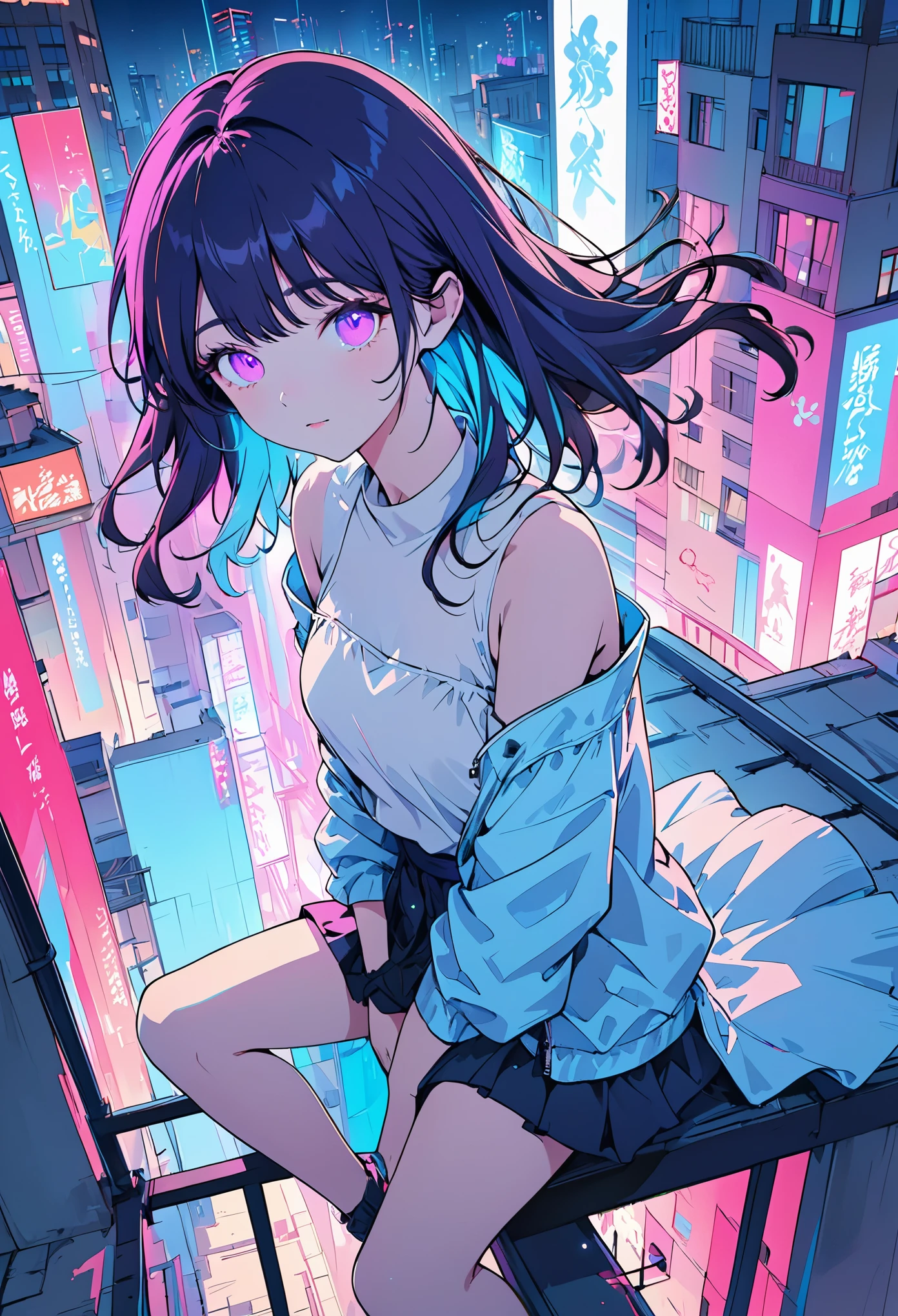 masterpiece,best quality,1 synth wave style girl,blue outline,streets with neon lights,blue fluorescent coatings,solo,from above,cowboy shot,sitting on the top of the building,extremely detailed CG,flat color,limited palette,noline art,silhouette,partially colored,alternate color,dynamic angle,blue long upper shan,dark violet shadow,synth wave,chromatic aberration,(solo focus),perfect shadow,wearing an off- shoulder floating jacket,delicate face,bare shoulder,beautiful and delicate eyes,delicate background,blue neon light,