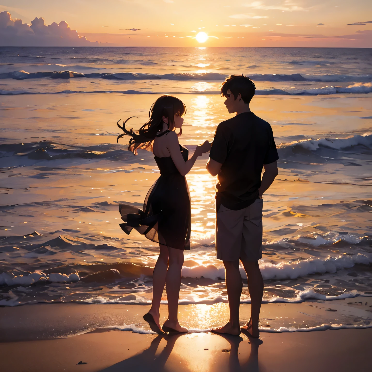the silhouette of a couple, away from the camera, in a romantic way, in a sunset on the beach