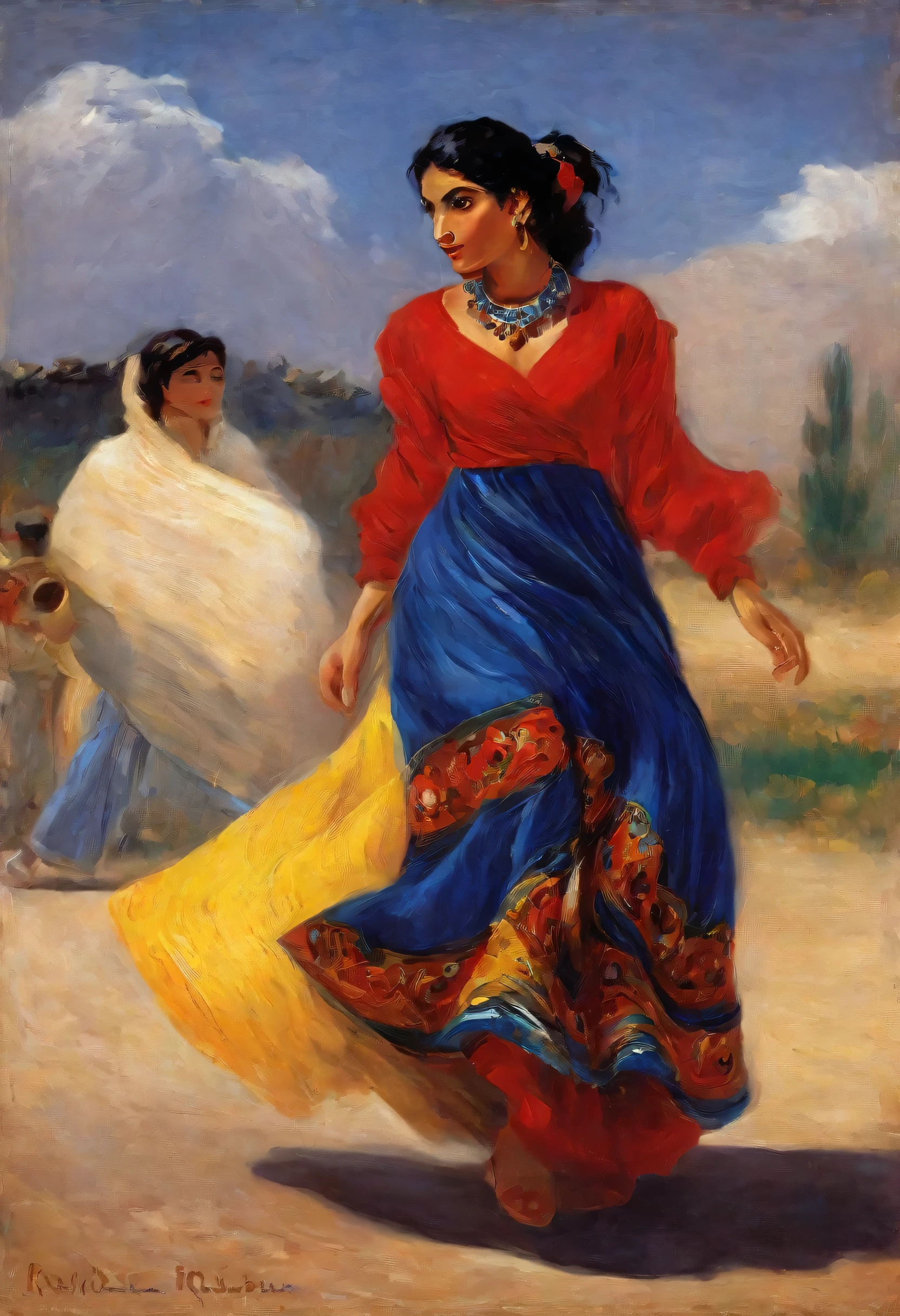 An oil painting of a beautiful gypsy princess, com roupas ricas vermelha-dourada-azul, rica, com olhos perfeitos, Dancing, num campo, the art style is influenced by Renoir, Van Gogh, Chirico, and Leonardo da Vinci, resulting in a masterpiece that captures the beauty of the scene.