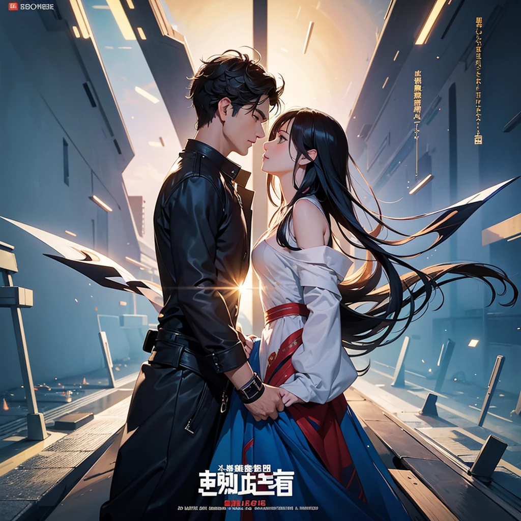 Movie Posters、Disorganized、highest quality、Masterpiece、Official Art、16K、The best composition、The best light source、Super detailed、super beautiful、Super detailedな目、A couple of men and women riding a futuristic flying bike are looking at each other happily、The woman's hairstyle is milky white with purple gradient long hair、Two knots in a braid、Her outfit is black cyberpunk with open sides.、The man's hairstyle is short, milky white with blue highlights、Cyberpunk outfit、