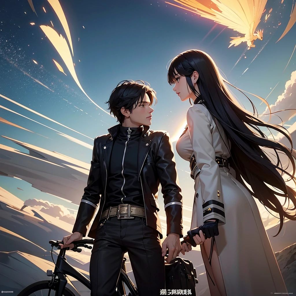 Movie Posters、Disorganized、highest quality、Masterpiece、Official Art、16K、The best composition、The best light source、Super detailed、super beautiful、Super detailedな目、A couple of men and women riding a futuristic flying bike are looking at each other happily、The woman's hairstyle is milky white with purple gradient long hair、Two knots in a braid、Her outfit is black cyberpunk with open sides.、The man's hairstyle is short, milky white with blue highlights、Cyberpunk outfit、