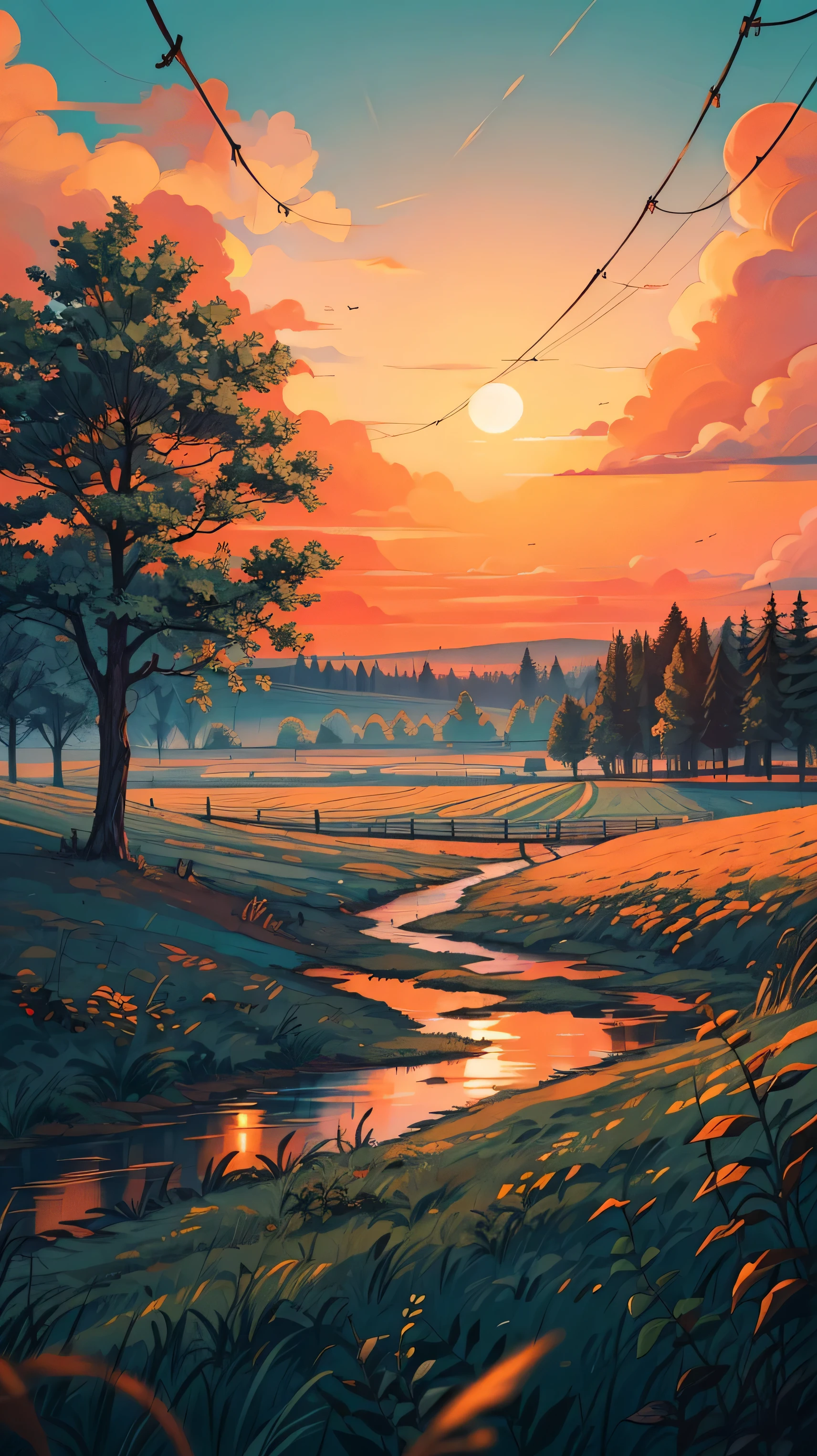 sunset in fields, green long grass, muddy path, barbed wire fencing, sunset hues on foliage, beautiful color palette, orangish blue dark cloudy sky, nature, micro landscape, intrinsic details, cinematic tones, vibrant palette