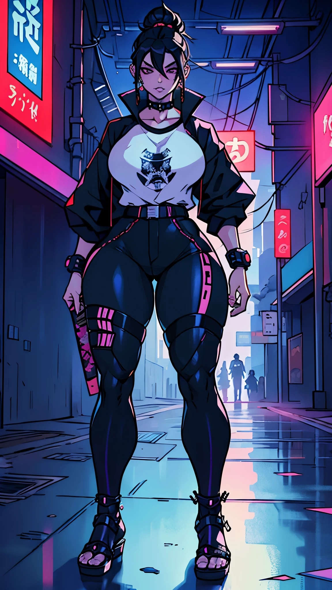 Mujer goth, curvy, samurai cyberpunk, holographic samurai armor, cabello corto de hongo, con katana, bragas, calcetas altas, camisa larga ajustada, escenario cyberpunk 