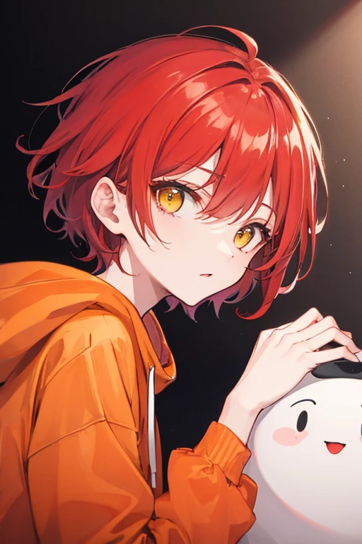 Short hair, red hair, orange hoodie, droopy eyes, yellow eyes