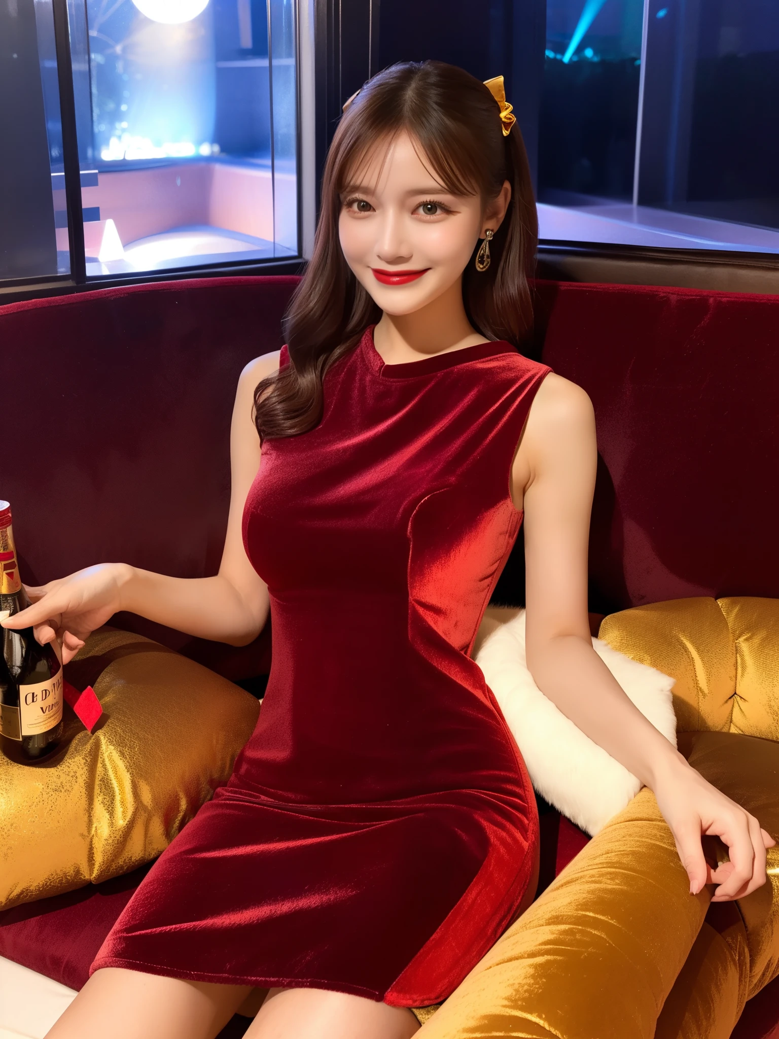 best quality, ultra-detailed, illustration,
cabaret, scenery, bar (place), indoors, chair, table, light,
(mega Big Breasts:1.5), (nightclub:1.5),
(((Golden lighting、Velvet mini dress、Red Velvet Long Sofa))),
1girl, solo, , jewelry, necklace, smile, black hair, looking at viewer, Little devil smile, sleeveless dress, bracelet, sitting, drinking glass, alcohol,