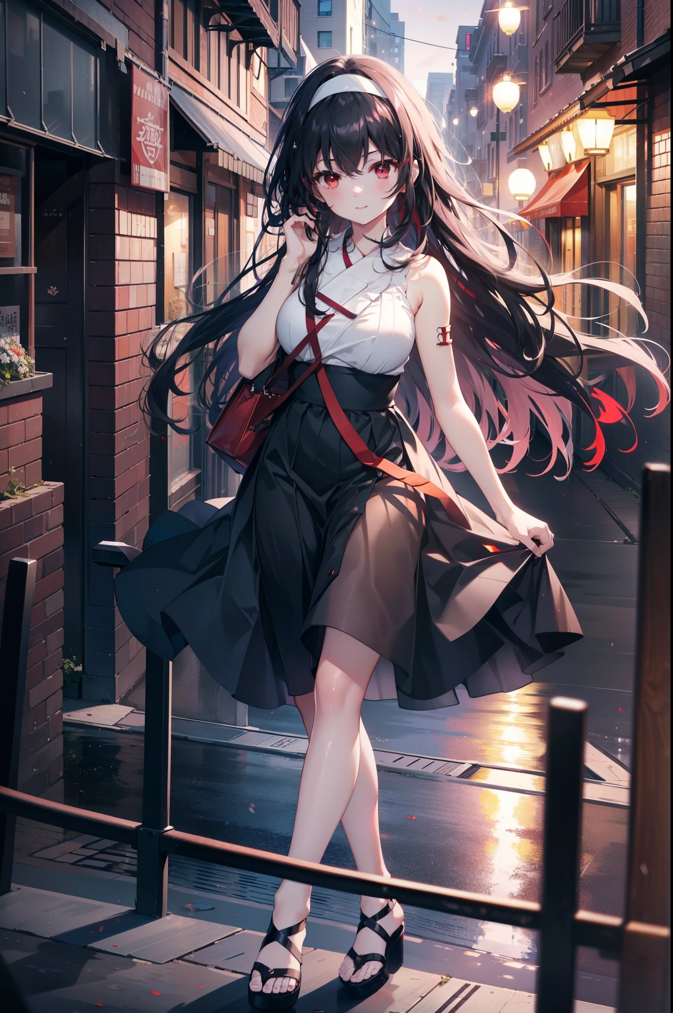 For profit, utaha kasumigaoka, Black Hair, hair band, Long Hair, (Red eyes:1.5),happy smile, smile, Open your mouth, Black sleeveless dress,Bare arms,Long skirt,Cute Sandals,whole bodyがイラストに入るように,Daytime,Clear skies,
break looking at viewer,whole body,
break outdoors, In town,Building district,bridge、
break (masterpiece:1.2), highest quality, High resolution, unity 8k wallpaper, (figure:0.8), (Beautiful fine details:1.6), Highly detailed face, Perfect lighting, Highly detailed CG, (Perfect hands, Perfect Anatomy),