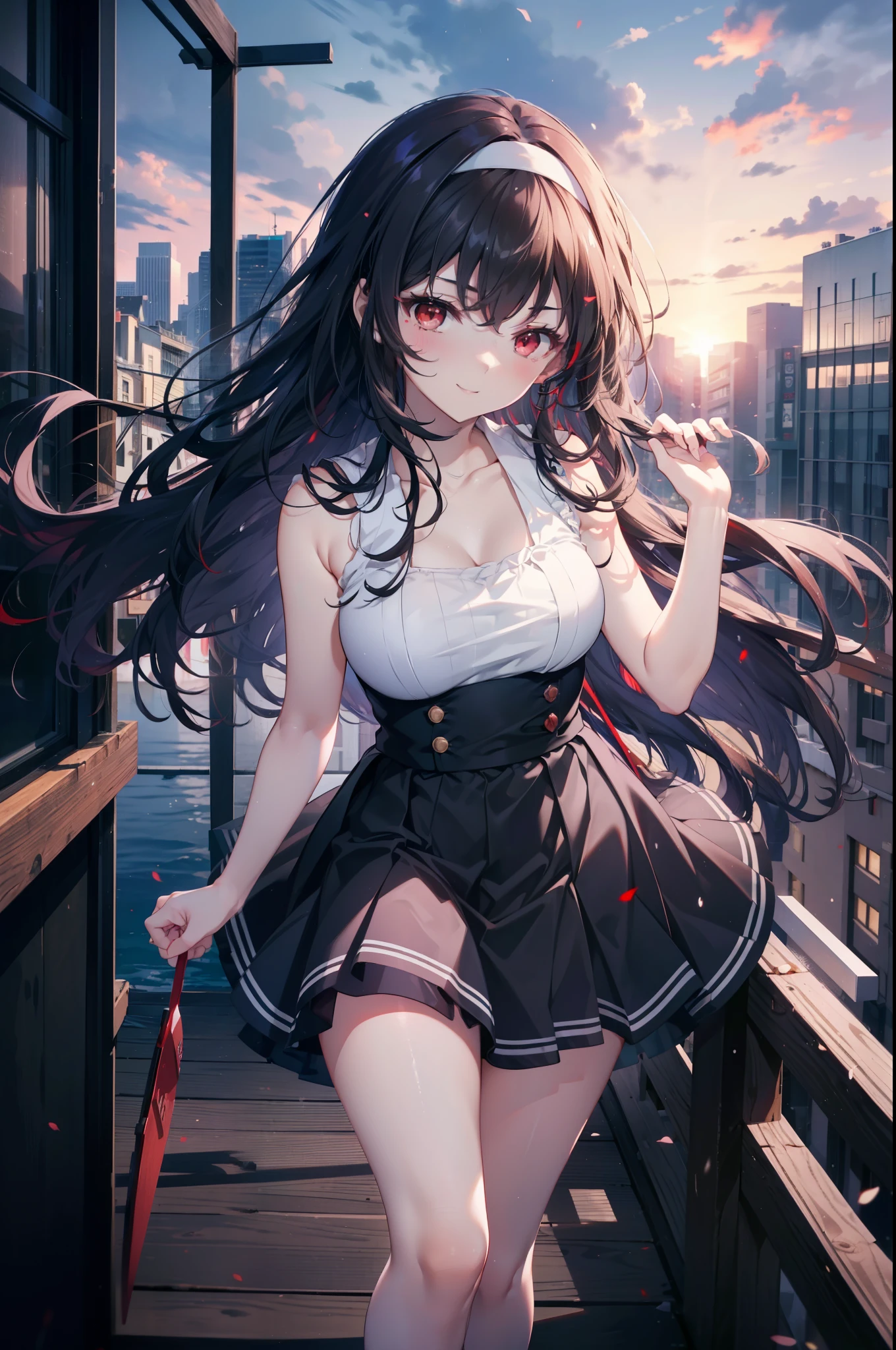 For profit, utaha kasumigaoka, Black Hair, hair band, Long Hair, (Red eyes:1.5),happy smile, smile, Open your mouth, Black sleeveless dress,Bare arms,Long skirt,Cute Sandals,whole bodyがイラストに入るように,Daytime,Clear skies,
break looking at viewer,whole body,
break outdoors, In town,Building district,bridge、
break (masterpiece:1.2), highest quality, High resolution, unity 8k wallpaper, (figure:0.8), (Beautiful fine details:1.6), Highly detailed face, Perfect lighting, Highly detailed CG, (Perfect hands, Perfect Anatomy),