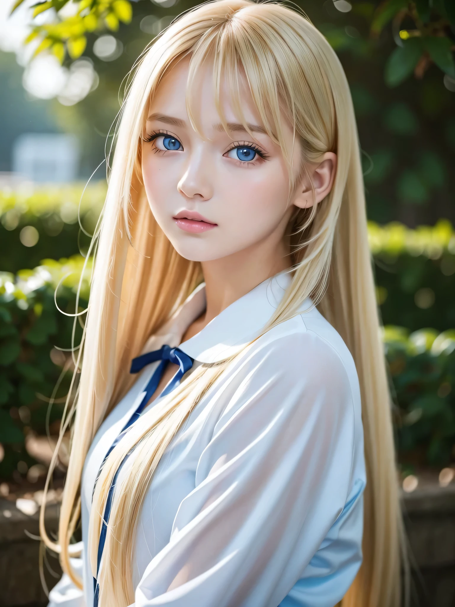 Sexy and the most beautiful face in the world、so beautiful、very long, Silky, Golden, Shiny blonde hair、Shiny, Silky straight hair、Super long bangs swaying in front of your eyes、Sexy 15 year old cute girl、Pale light blue eyes、Pure white skin、Glowing Skin、ponytail、Beautiful girl with a small face、Put your hair up、Wet, Sailor suit,