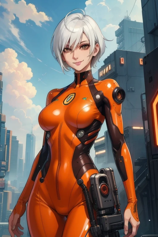 Valk, white hair, short hair, brown eyes, 
orange bodysuit,  
smile,   tight, 
 upper body,  standing,    cowboy shot, 
 outside, clouds,  cyberpunk,  airbase, 
 (insanely detailed, beautiful detailed face, masterpiece, best quality) solo,  