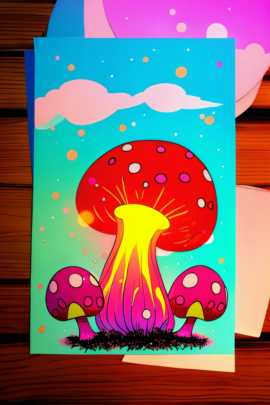 red mushroom warrior,luminous design, pastel colours, ink drips, summer lights