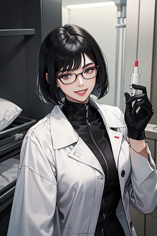 A mature woman with black hair, bob cut, glasses and a white coat wearing a black enamel catsuit and black enamel gloves in a hospital room, smiling fearlessly and holding a syringe