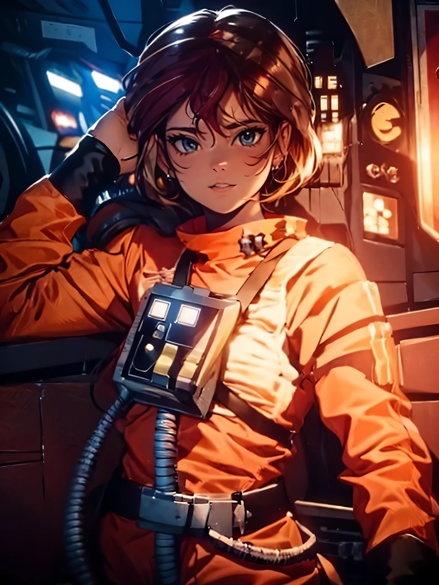 sunsethuman, female, rebel pilot suit, cockpit view