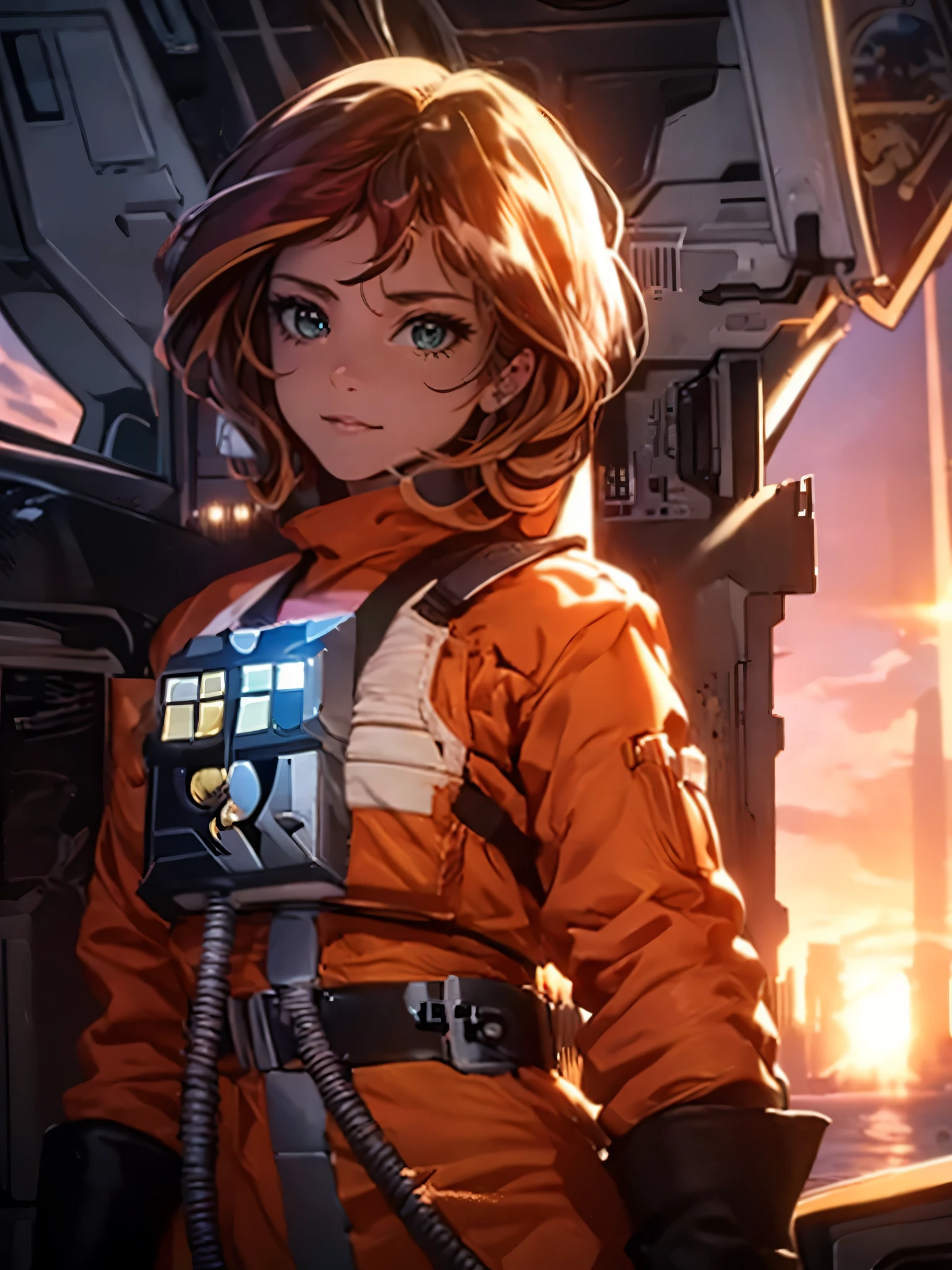 (best quality,4k,8k,highres,masterpiece:1.2),ultra-detailed,(realistic,photorealistic,photo-realistic:1.37),sunset,sunset lighting,beautiful detailed eyes,strong,confident,brave girl with beautiful detailed eyes, rebel pilot suit,fitting her perfectly,standing in a spacious cockpit, overlooking the breathtaking sunset scene, vibrant colors shining through the windows, illuminating the cockpit with warm hues. The girl's face is partially lit by the sunset, casting a soft glow on her features. The sunset sky outside the cockpit is a stunning mix of orange, pink, and purple hues, painting a magical atmosphere. She stands with her hands rested on the control panel, suggesting a sense of comfort and familiarity in this environment. The control panel is intricately designed with glowing buttons and switches, showcasing advanced technology. The cockpit view offers a expansive scene of the surrounding skies, showcasing clouds bathed in the warm colors of the setting sun. The girl's hair gently sways in the breeze created by the aircraft's speed, adding a touch of dynamic movement. The rebel pilot suit she wears adds to her authoritative presence, emphasizing her role as a skilled pilot. Overall, the artwork captures a moment of tranquility amidst a daring adventure, combining the serene beauty of a sunset with the excitement of a rebel pilot's journey.