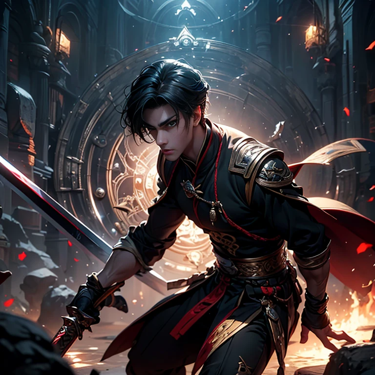 （Handsome boy：1.6）,（short hair：1.1）,Blue eyes,Black clothes，Holding a sword，（Zhang Qi Ling：1.3）(8K, RAW photos, best quality, masterpiece: 1.2),best quality at best, Ultra-high resolution,Dynamic Lighting,