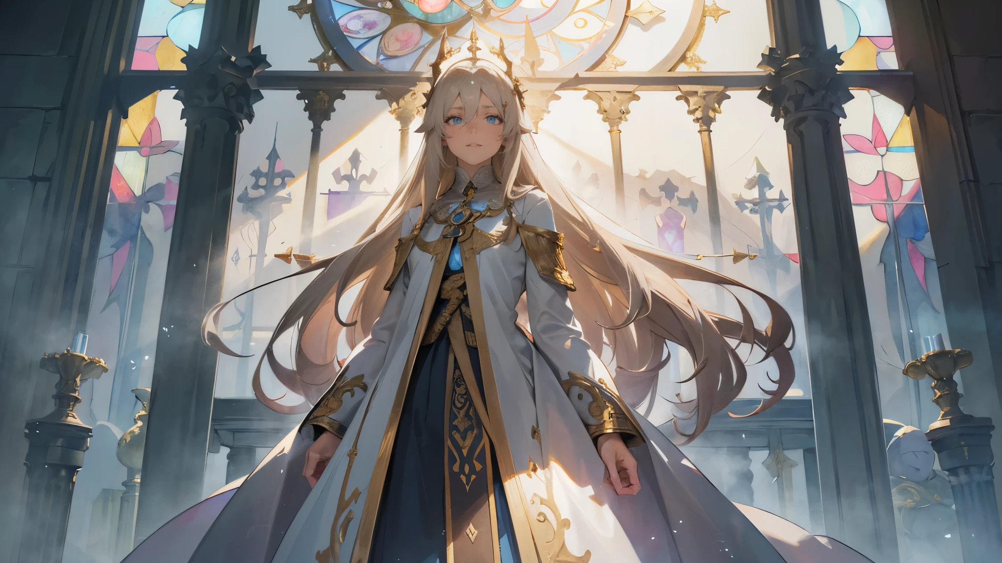 (A luxurious white vestment with intricately detailed gold embroidery)Incorruptible and white,Pure and pitiful, offer a prayer, rosary, Stained glass praising, Beautiful woman, extremely long hair, blonde hair, green eyes, 32, (masterpiece:1.3), (best quality:1.3), high-resolution, watercolor pencil, Head-on angle, upper body, Body facing forward, (upright:1.3), (arms at sides:1.3), solo, blue eyes, beautiful detailed eyes, (white background:1.2), simple background, concept art, shadow lighting, beautiful detailed glow, best illuminate,(((best quality, textile shading, ultra detailed))),extremely detailed CG unity 8k wallpaper,Highly Detailed beautiful and aesthetic, best light, high resolution, detailed, dynamic lighting, 1Character, pastel washed out colors, cell shade, soft, muted shades, gentle colors,