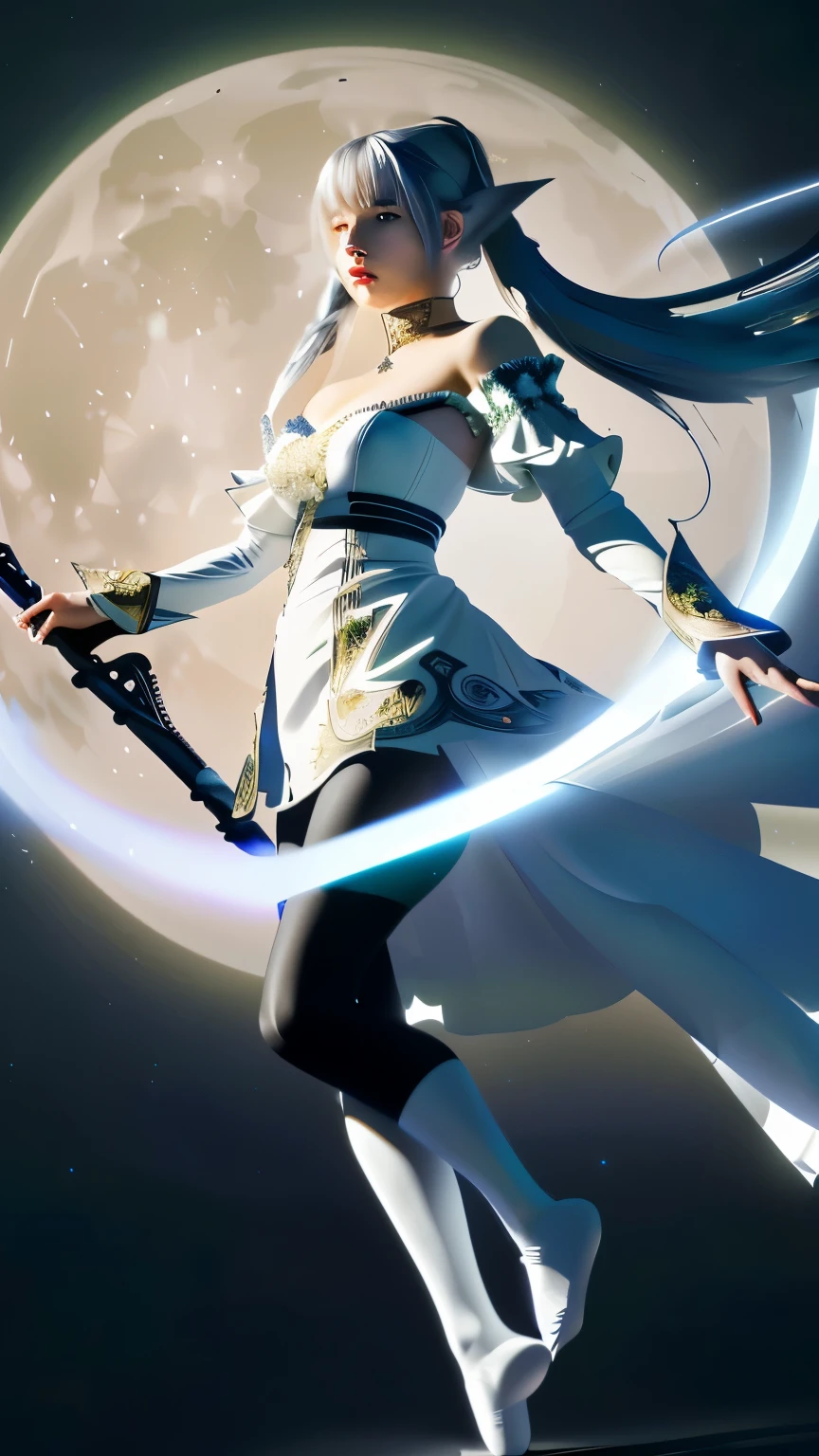 ((live-action:1.2)), photo of in real life, A scene inspired by the manga 'Frieren: Beyond Journey's End', (((frontal shot illustration, full body, fractal art))), Elf against moon flying through the air , ( Off the Shoulder: 1. 2), ((Twin-tail hairstyle:1.2)), White short shoulder robe, 1girl, holding long staff, white clothing, ((black tights:1.5)) , green eyes, magic circle in background, circular background composition, maddeningly detailed and complex, super-maximalist, elegant, decorative, fluorescent, turning sideways, beautiful face, beautiful eyes, ( Off the Shoulder: 1. 2), upper body, shiny silver hair, shiny skin, radiant cut, fingers proportionally coordinated, dark, point of view, dynamic angle, ((masterpiece)), ((top quality)), ((superdetailed)), (real photo), (detailed light), ((very delicate and beautiful), dramatic_shadow, ray_tracing, reflection, ultra high resolution, laser