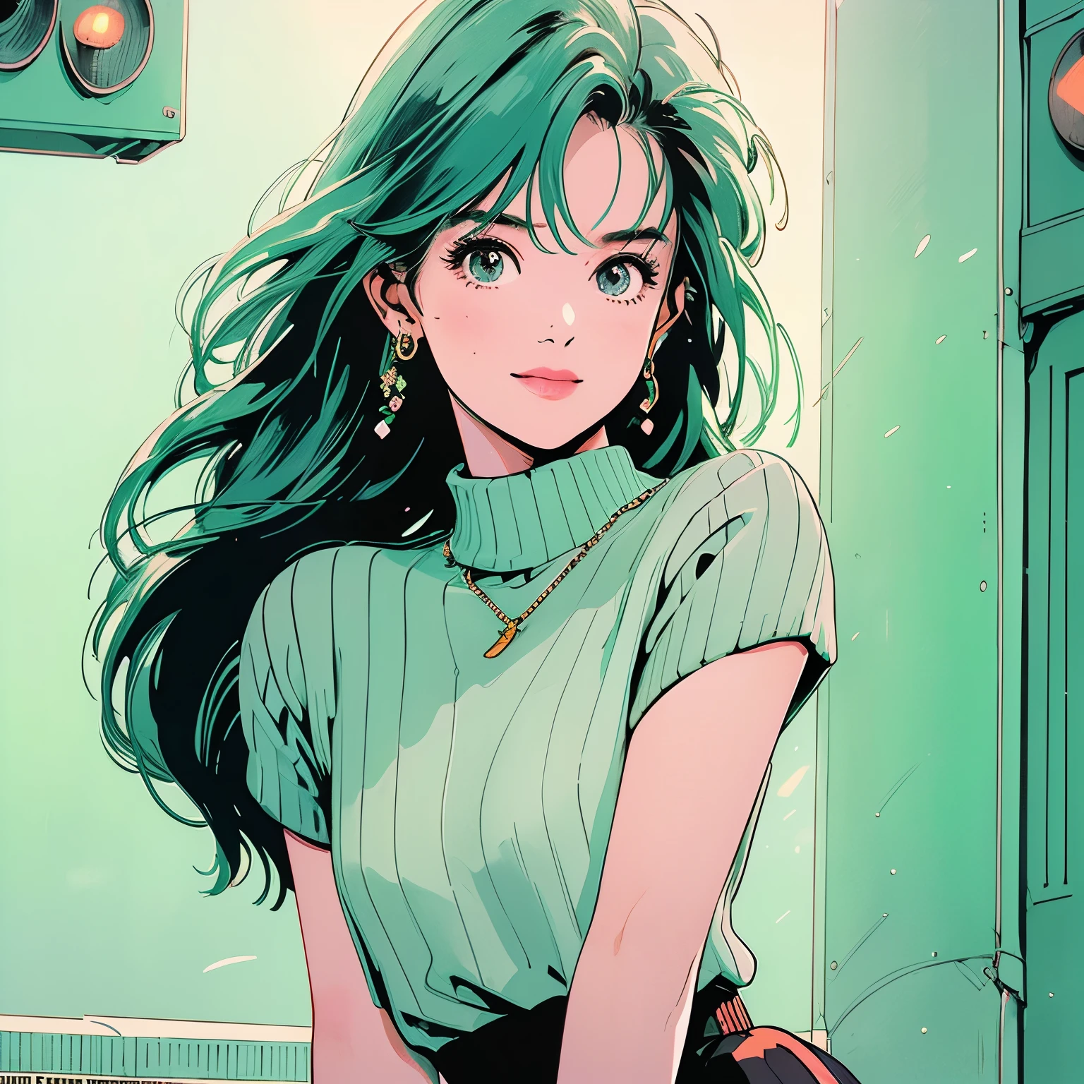 whole body, Upper Body、One beautiful woman, 4k, Short sleeve sweater、pedestrian crossing、Signal, 、intersection、Complex background、Bright green hair、Sauvage、Detailed Hair、A glimpse from below the camera、smile