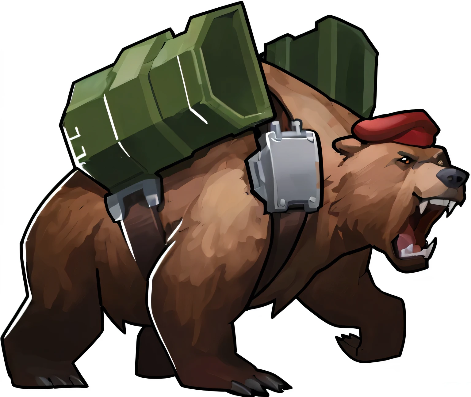 A brown bear，anger，Cartoon Style，A rocket launcher with green metal on its back，Red beret，Rich details，High degree of completion