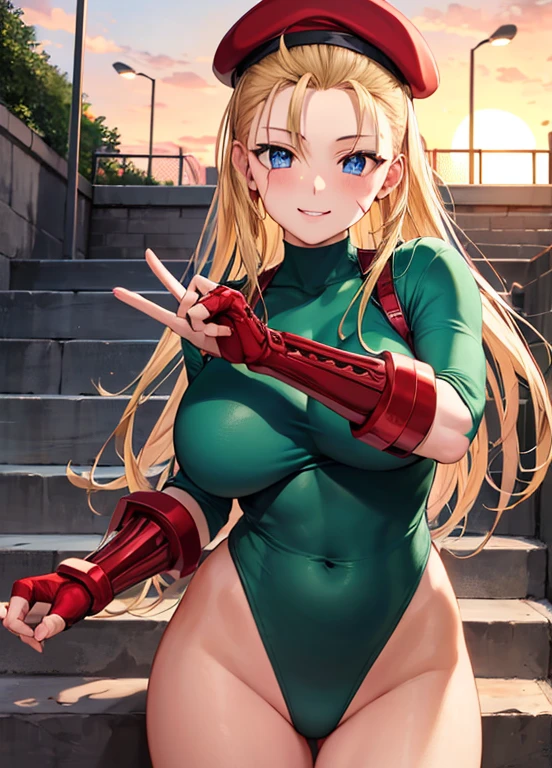 ((highest quality)), ((Very detailed)), masterpiece, Absurd, (Fine grain, Deep Eyes), (One girl), Upper Body, Cammy White, Twin Blade, Long Hair, Blonde Hair, Antenna Hair, blue eyes, Wounds on the cheeks, Big Breasts, smile, beret, (Red Hat:1.3), Green leotard, No sleeve, Red gloves, Fingerless gloves, Camouflage, Combat Stance, (Outdoor, On the stairs, sunset)