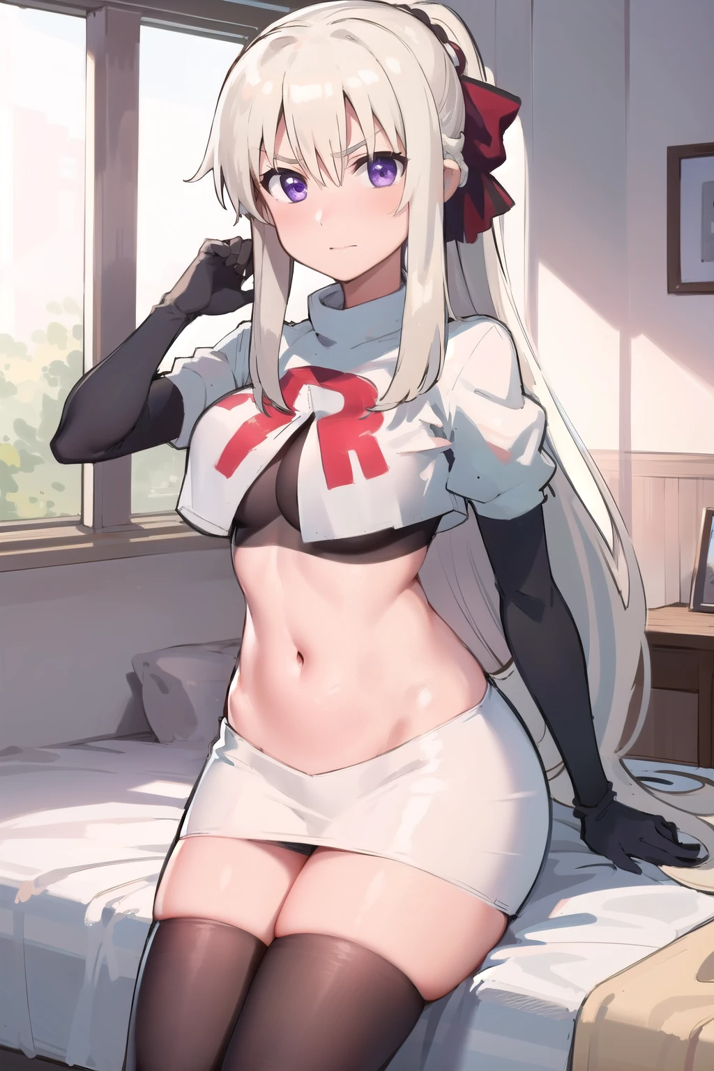 indoor, arena,
rinne_bj, 1girl, long hair, looking at viewer, breasts, purple eyes, ahoge, v-shaped eyebrows, medium breasts, ribbon, hair ribbon, very long hair, ponytail, bangs, hair between eye, team rocket,team rocket uniform,white skirt,red letter R,crop top,black thigh-highs,black elbow gloves