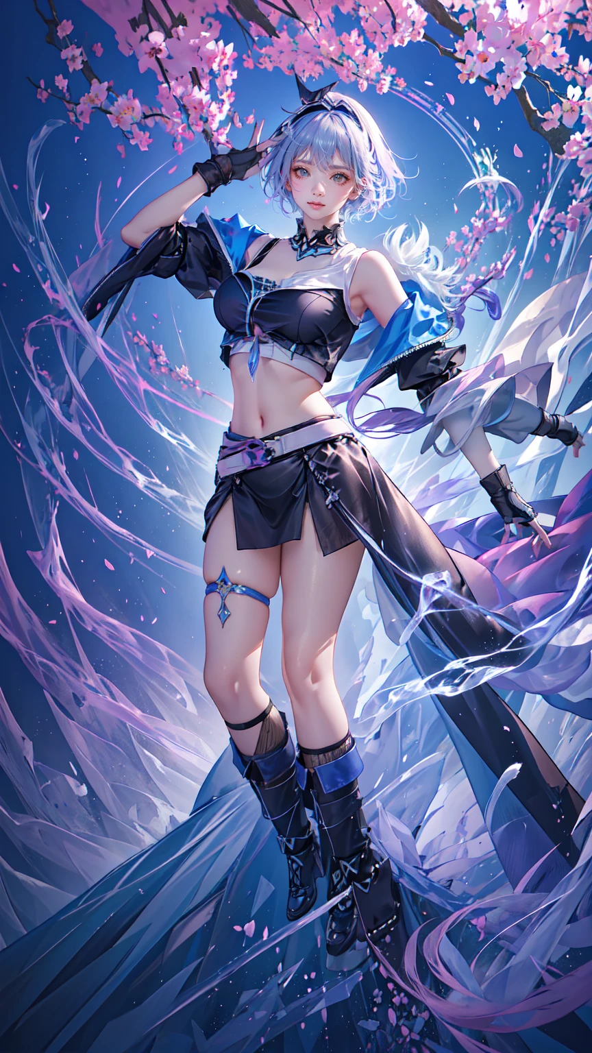 (((FULL BODY POSE))) ((SHOW PANTIES)) (((BIG GIANT BOOBS))) ((ANATOMY CORRECTED)) ((PINK COLOR THEME DESIGN)) | A WOMEN WEAR ((SEXY OUTFIT)) ((GRAY SHORT HAIR WITH PURPLE BANDANA, A BLUE GLASSES IN THE HEAD)) FLOATING IN THE BLUE WATER SAKURA TREE PETALS FAILING BACKGROUND IS A BLUE SKY HORIZON WITH STARS | big eyes, ((big boobs)) sexy pose, big thigh, full body, large breasts, open legs, show panties, smile, portrait knights of zodiac, extremely detailed ((pixiv arts)), high detailed official artwork, [ tarot card ]!!!!!, detailed key anime art, knights of zodiac anime, beautiful celestial mage, firefly from honkai star rails, full body | (dynamic angle:1.1), outline, ((thick line art)), cover, stylish, official art, (details:1.2), (fantasy), garden, (bloom:1.1), glow:0.2, shadow, nature, flower, splash water, crystal, snowflakes, particles, bokeh, anamorphic light (depth of field), sharp focus, (volumetric lighting), (bokeh:0.6), film grain:0.4, (soft lighting:1.1) (VIGNETTE:1) | high-quality, ultra-detailed illustrations, ultra-high resolution, (high resolution, overwhelmingly pixel-perfect, luxurious illustration), (Ultra Quality, Masterpiece, Ethereal:1.4) photorealistic:.1.4, UHD (8k, RAW photo, best quality, masterpiece:1.2)
