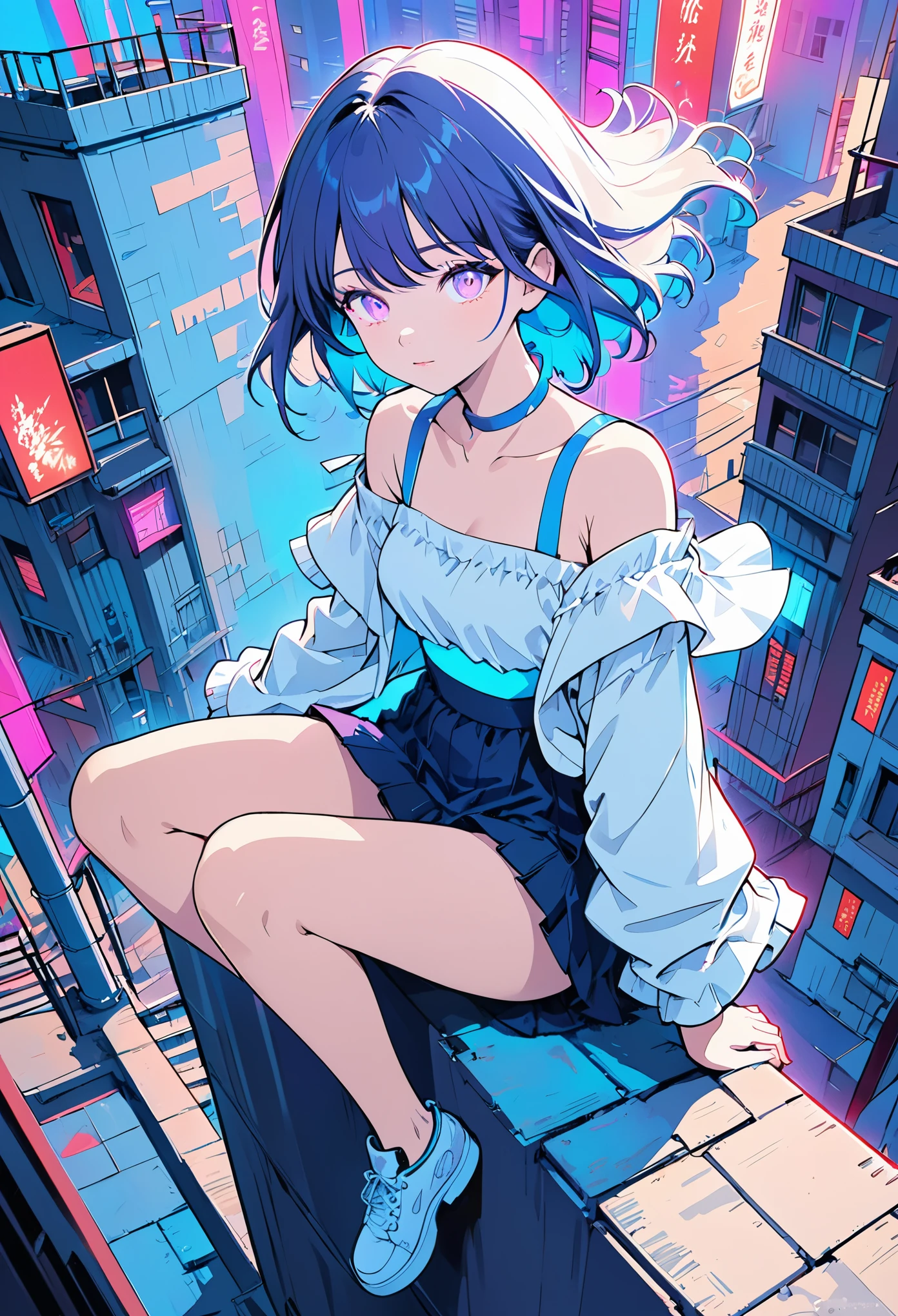 masterpiece,best quality,1 synth wave style girl,blue outline,streets with neon lights,blue fluorescent coatings,solo,from above,cowboy shot,sitting on the top of the building,extremely detailed CG,flat color,limited palette,noline art,silhouette,partially colored,alternate color,dynamic angle,blue long upper shan,dark violet shadow,synth wave,chromatic aberration,(solo focus),perfect shadow,wearing an off- shoulder floating jacket,delicate face,bare shoulder,beautiful and delicate eyes,delicate background,blue neon light,