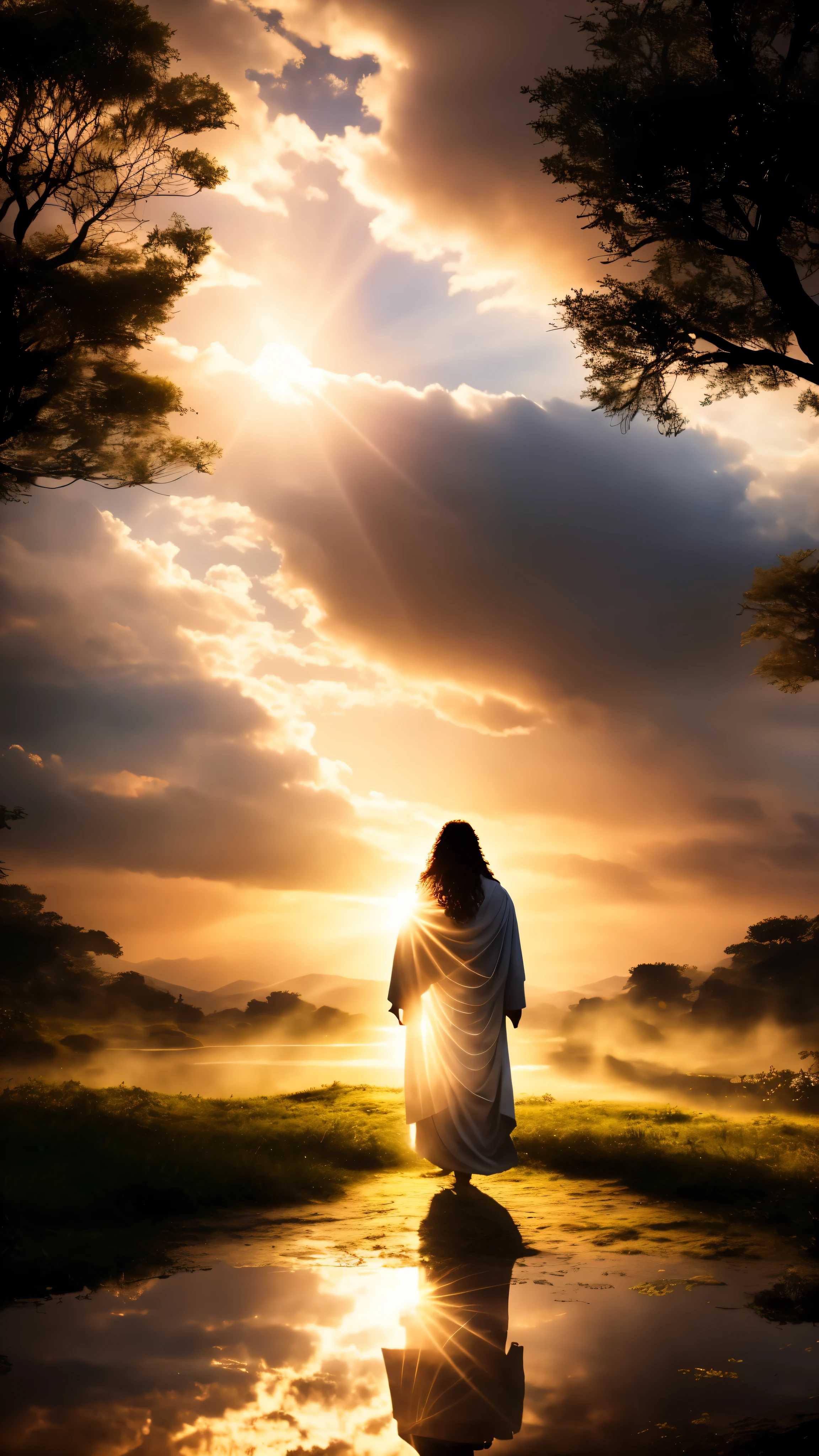In this high-definition masterpiece, a breathtaking cinematic shot captures a pivotal moment - the long-awaited arrival of Jesus Christ. The scene is bathed in the warm, ethereal glow of a sunset, with muted colors that hint at the otherworldly nature of the event.
The silhouette of Jesus Christ, radiant and majestic, emerges from the horizon, his Sapphire eyes shining with divine wisdom. Dressed in white, he wanders towards a tranquil village where villagers, with faces full of awe and reverence, bow their heads in worship.
The image is hyper-detailed, capturing every facet