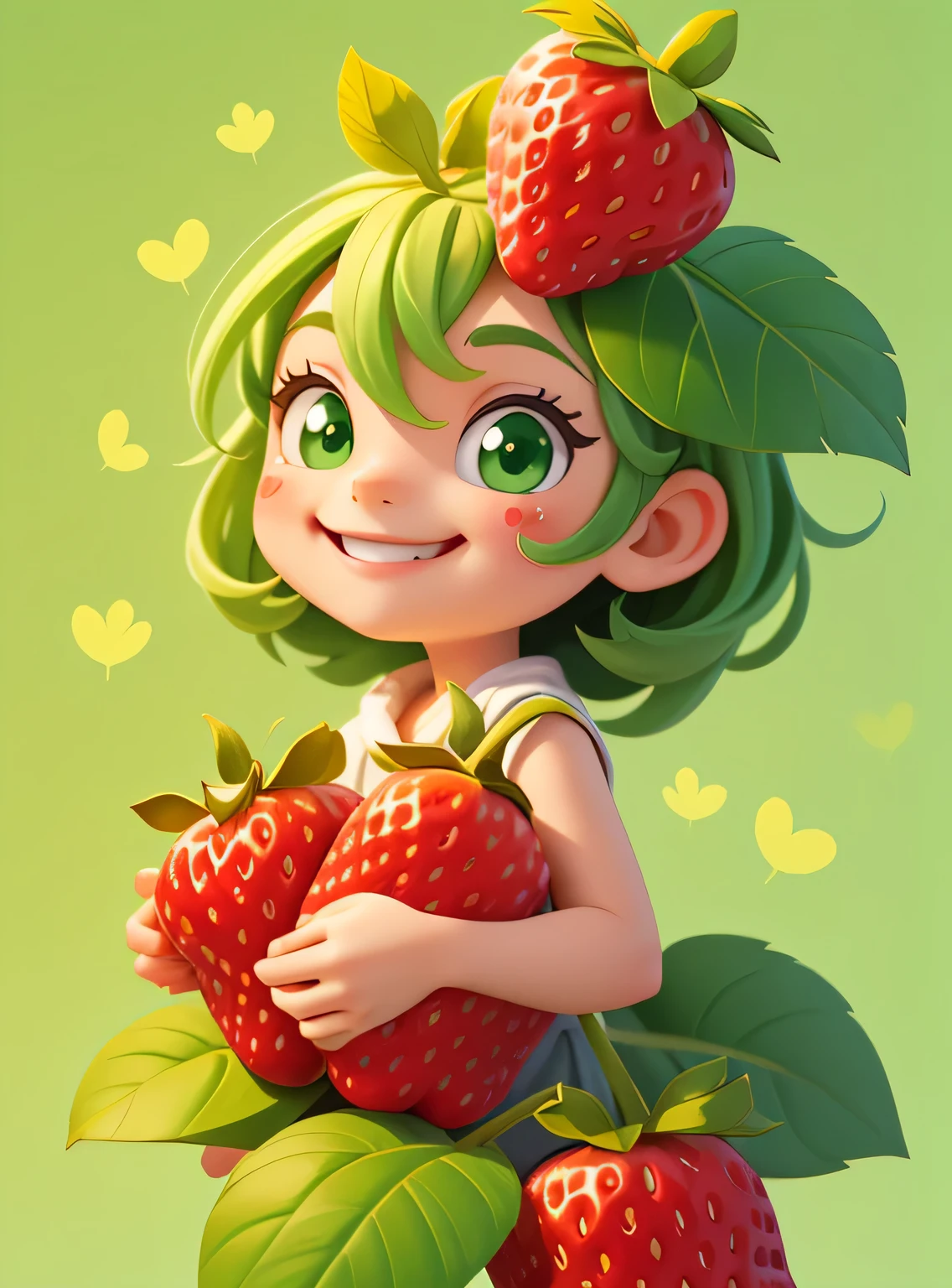 A smiling strawberry with cute leaves and a friendly expression sticker :: Fruity and kind :: Red and green colors with cute expressions :: Adesivo 2D