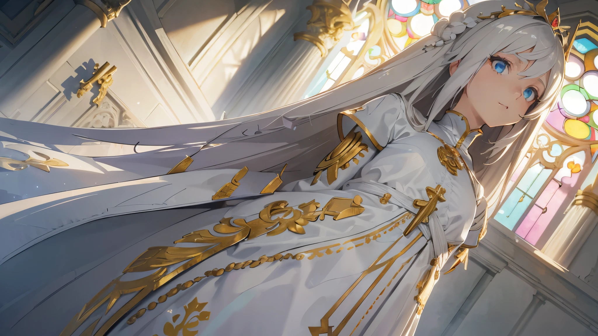 (A luxurious white vestment with intricately detailed gold embroidery）Incorruptible and white,Pure and pitiful, offer a prayer, rosary, Stained glass praising, Beautiful woman, extremely long hair, blonde hair, green eyes, 32, (masterpiece:1.3), (best quality:1.3), high-resolution, watercolor pencil, Head-on angle, upper body, Body facing forward, (upright:1.3), (arms at sides:1.3), solo, blue eyes, beautiful detailed eyes, (white background:1.2), simple background, concept art, shadow lighting, beautiful detailed glow, best illuminate,(((best quality, textile shading, ultra detailed))),extremely detailed CG unity 8k wallpaper,Highly Detailed beautiful and aesthetic, best light, high resolution, detailed, dynamic lighting, 1Character,  pastel washed out colors, cell shade, soft, muted shades, gentle colors,