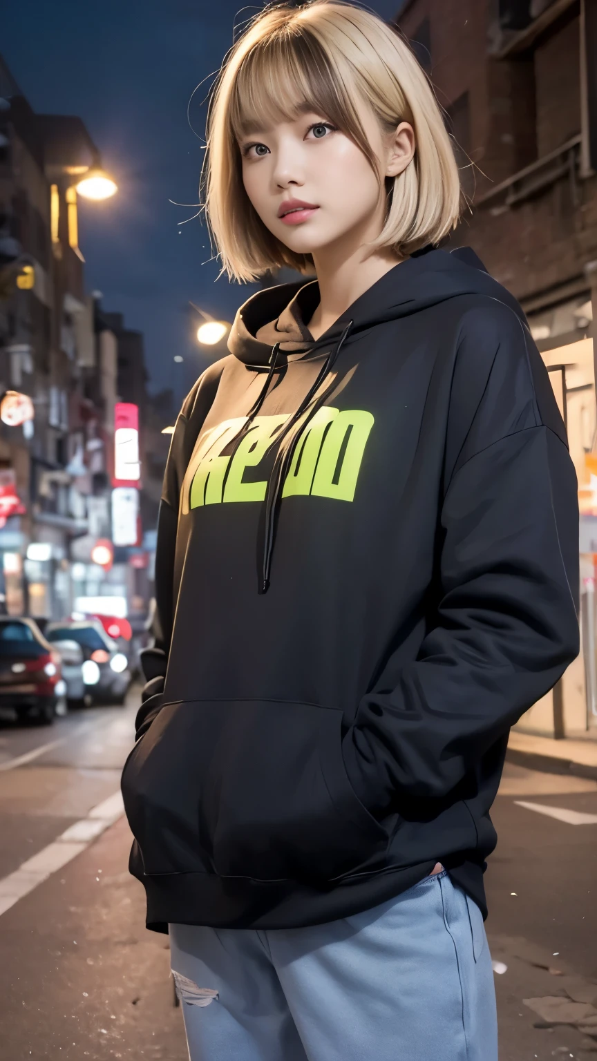 Blonde Hair:1.3, hoodie, Medium Bob