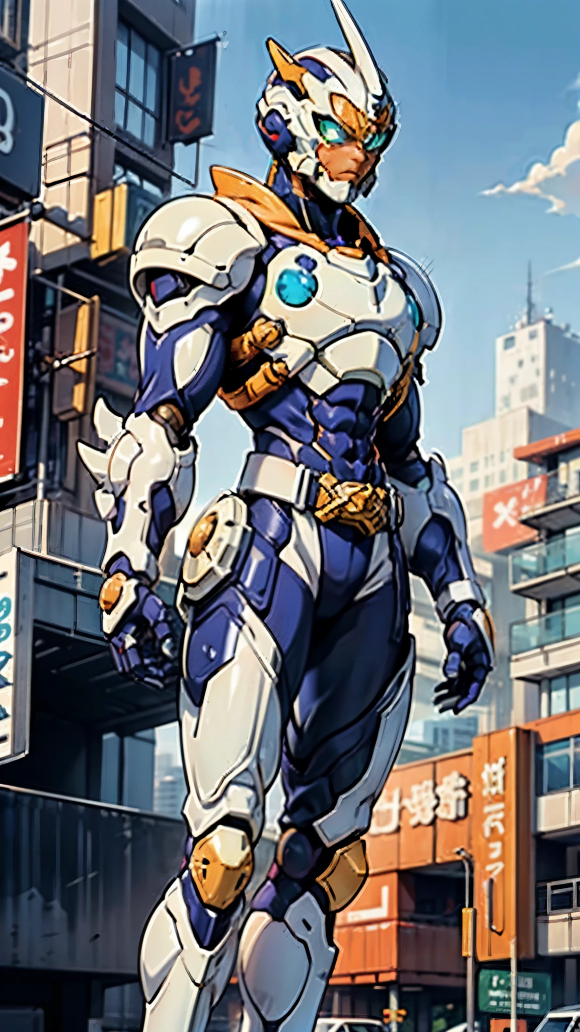 A man wearing a full-face helmet, a fantasy-style biotech armored combat suit, green eyes, (a composite layered chest armor), fully enclosed shoulder guards, matching arm and leg guards, the belt is adorned with cross, (the color scheme is primarily white with golden and blue accents), the design balances heavy with agility, a high-tech bio-mecha armor, (Armor Concept Inspired by Paladin, stand on the top of a skyscraper in a futuristic sci-fi city), this character embodies a finely crafted fantasy-surreal style armored hero in anime style, exquisite and mature manga art style, (battle damage, element, plasma, energy, the armor glows), ((male:1.5)), metallic, real texture material, dramatic, high definition, best quality, highres, ultra-detailed, ultra-fine painting, extremely delicate, professional, perfect body proportions, golden ratio, anatomically correct, symmetrical face, extremely detailed eyes and face, high quality eyes, creativity, RAW p