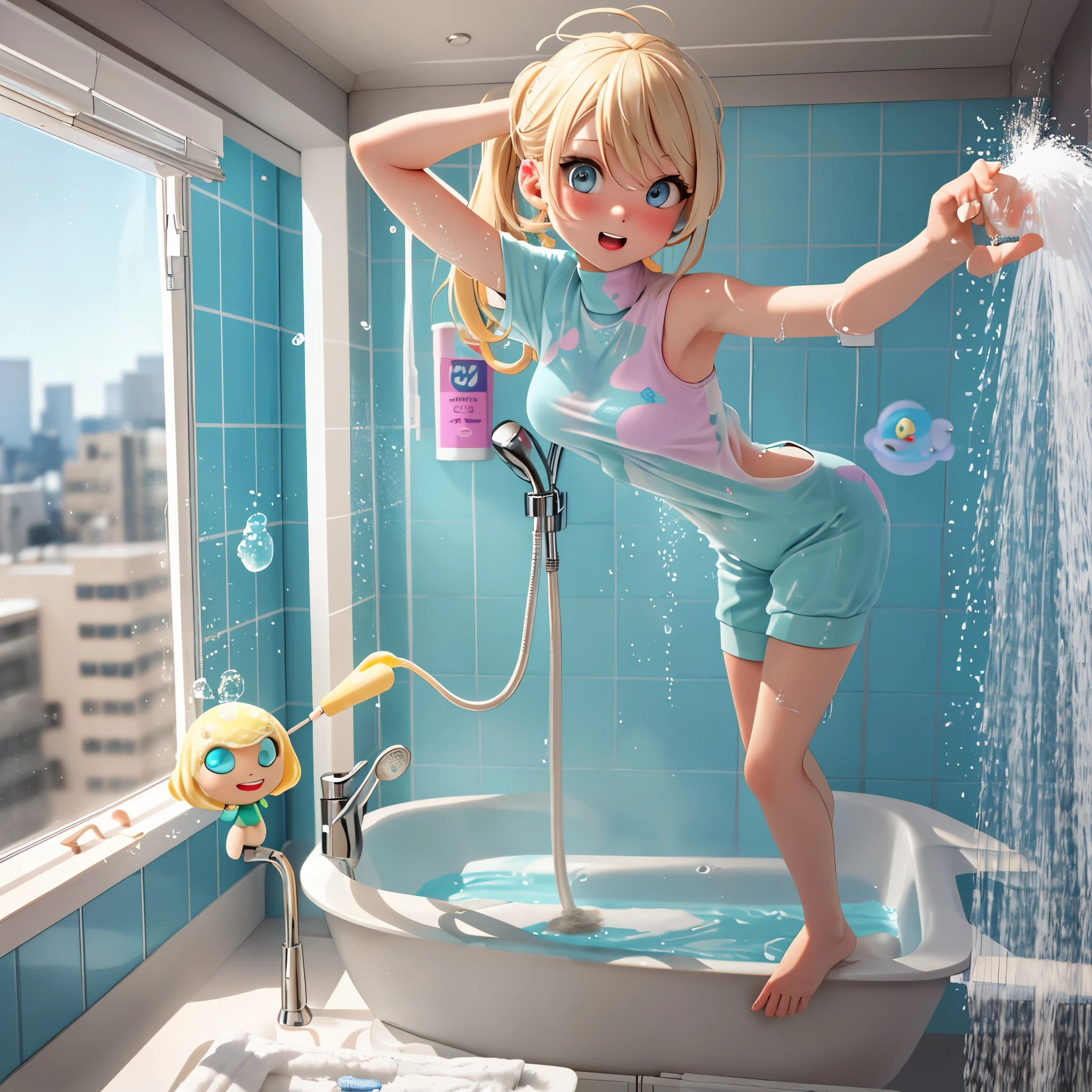A ditzy gorgeous blonde with an amazing figure is taking a shower in her apartment bathroom. She is unaware as an alien creeps up on her. A UFO is hovering outside her window. The blonde is singing and dancing along to 'Oops I did it again' and very soaped and bubbled up

